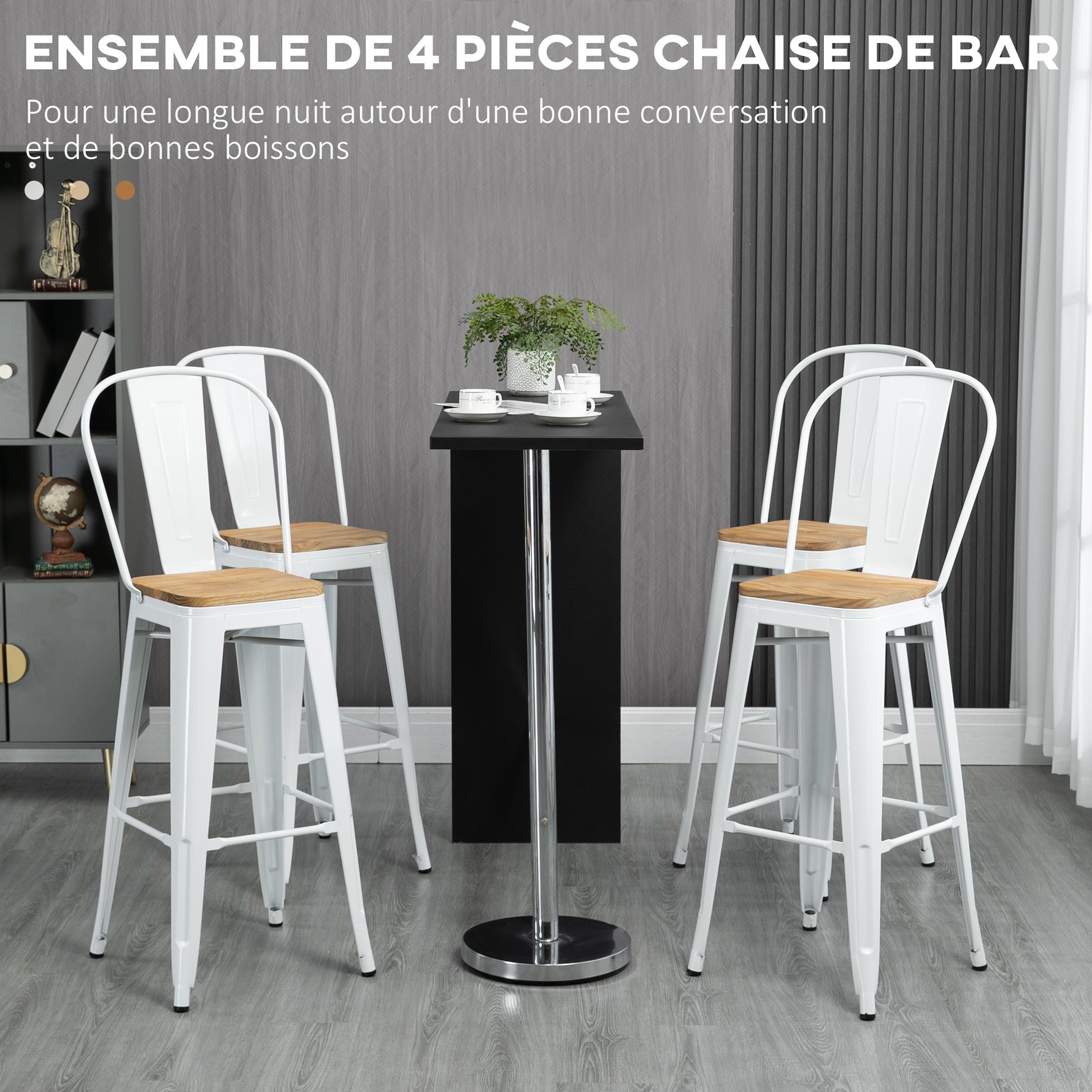 Lot de 4 tabourets de bar industriel avec dossier repose-pied hauteur assise 76 cm métal crème