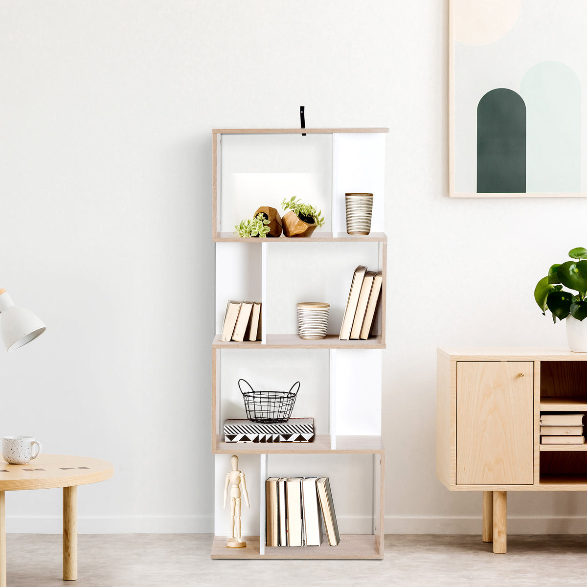 Bibliothèque à 4 niveaux, meuble de rangement en forme de S avec étagères, étagère de rangement pour salon, chambre bureau, 60 x 24 x 148 cm, bois naturel et blanc