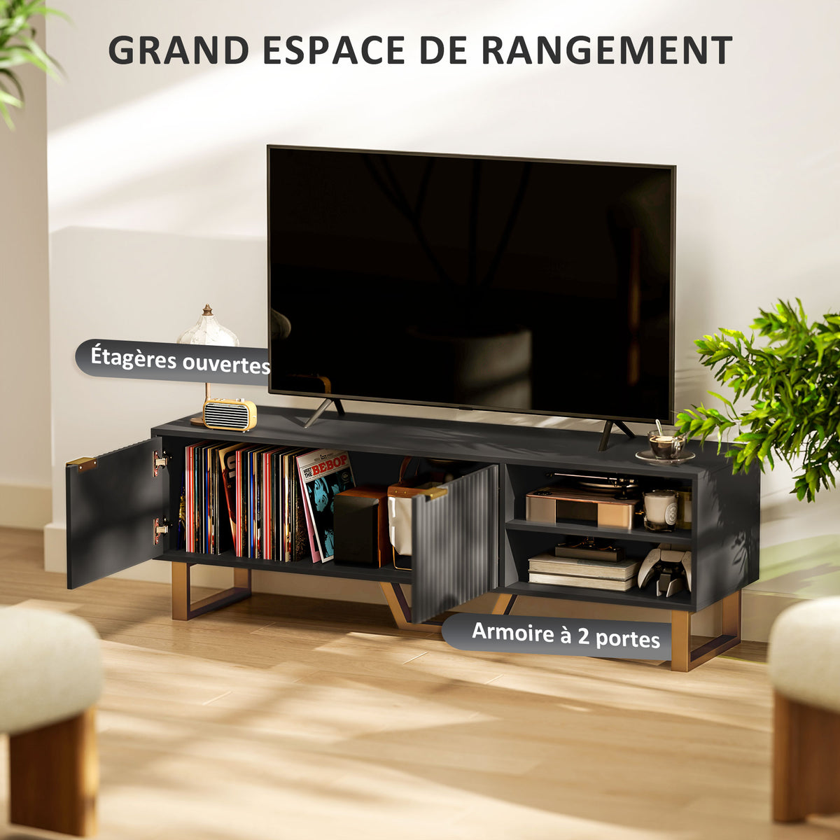 Meuble TV banc TV pour téléviseur jusqu'à 70 pouces - placard à 2 portes cannelées, compartiment ouvert et passe-câbles