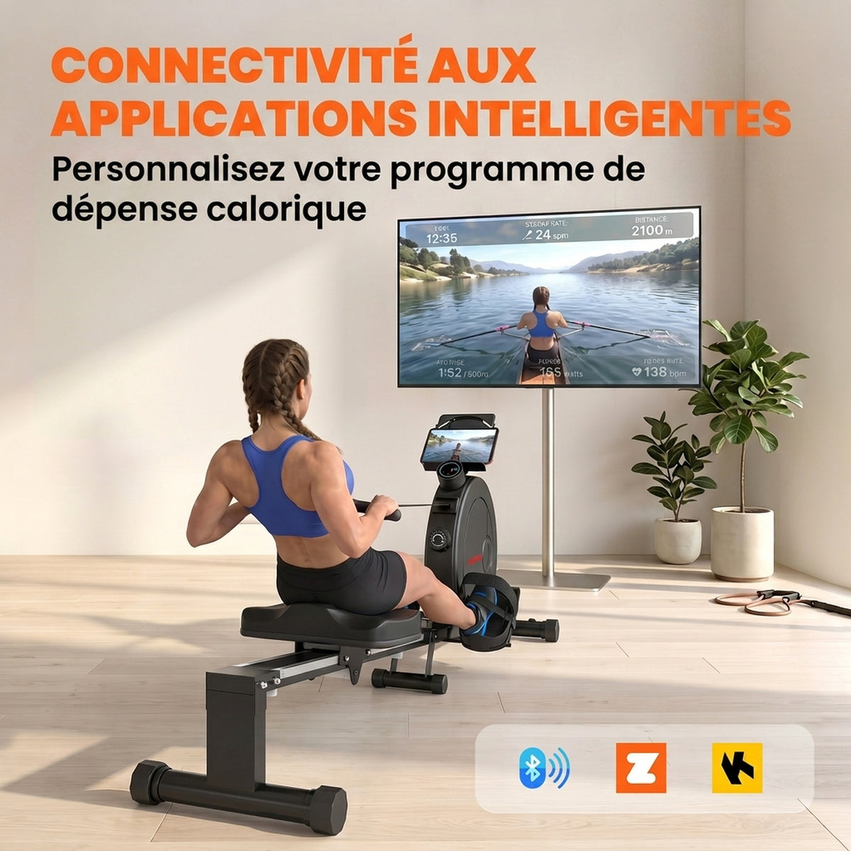 Klappbares Rudergerät für das Heimtraining, 16 Widerstandsstufen, App, LCD-Display, Tablethalterung, 180x50x75cm, Schwarz