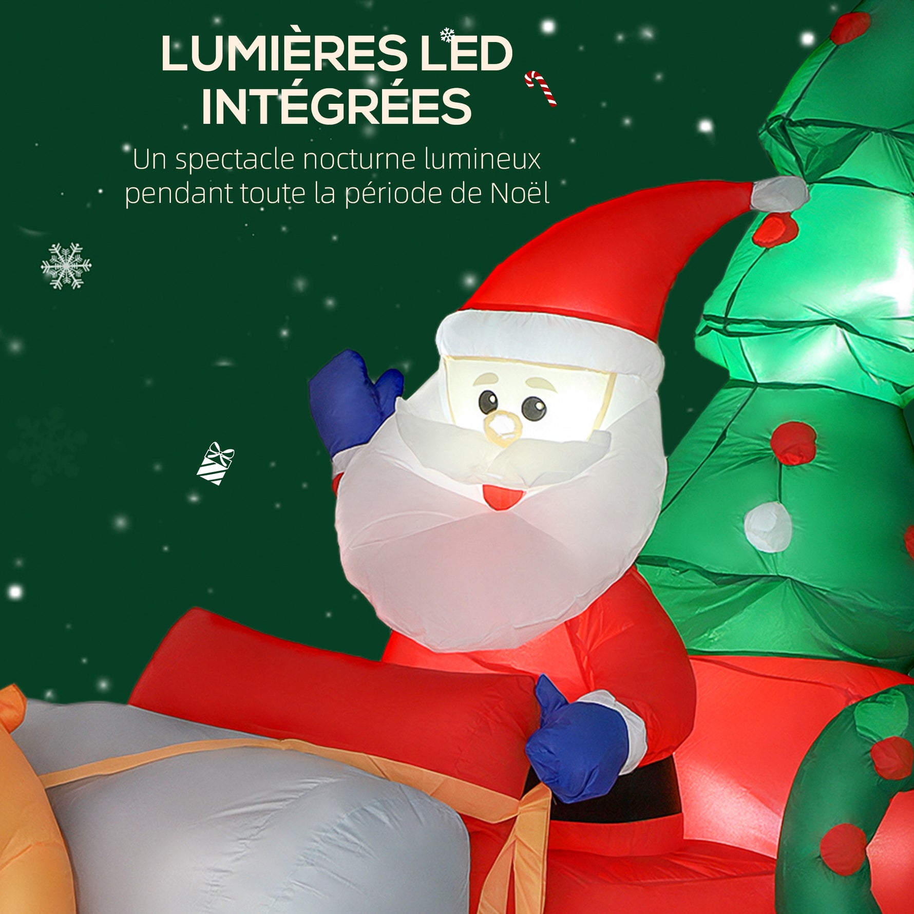 Père Noël gonflable de 2,1 m sur traîneau avec deux rennes, décoration de Noël gonflable avec lumières LED intégrées