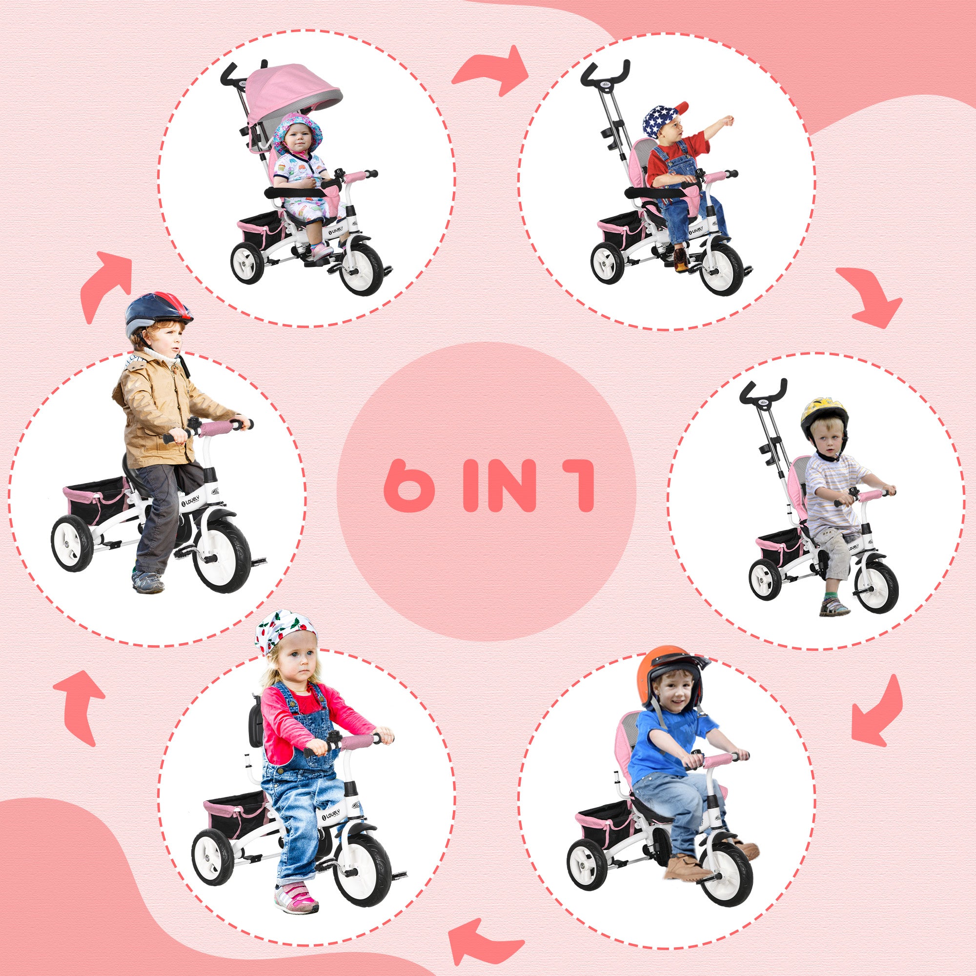 Tricycle Enfant évolutif Pare-Soleil Pliable Canne télescopique Amovible 95 x 50 x 106 cm Acier Rose