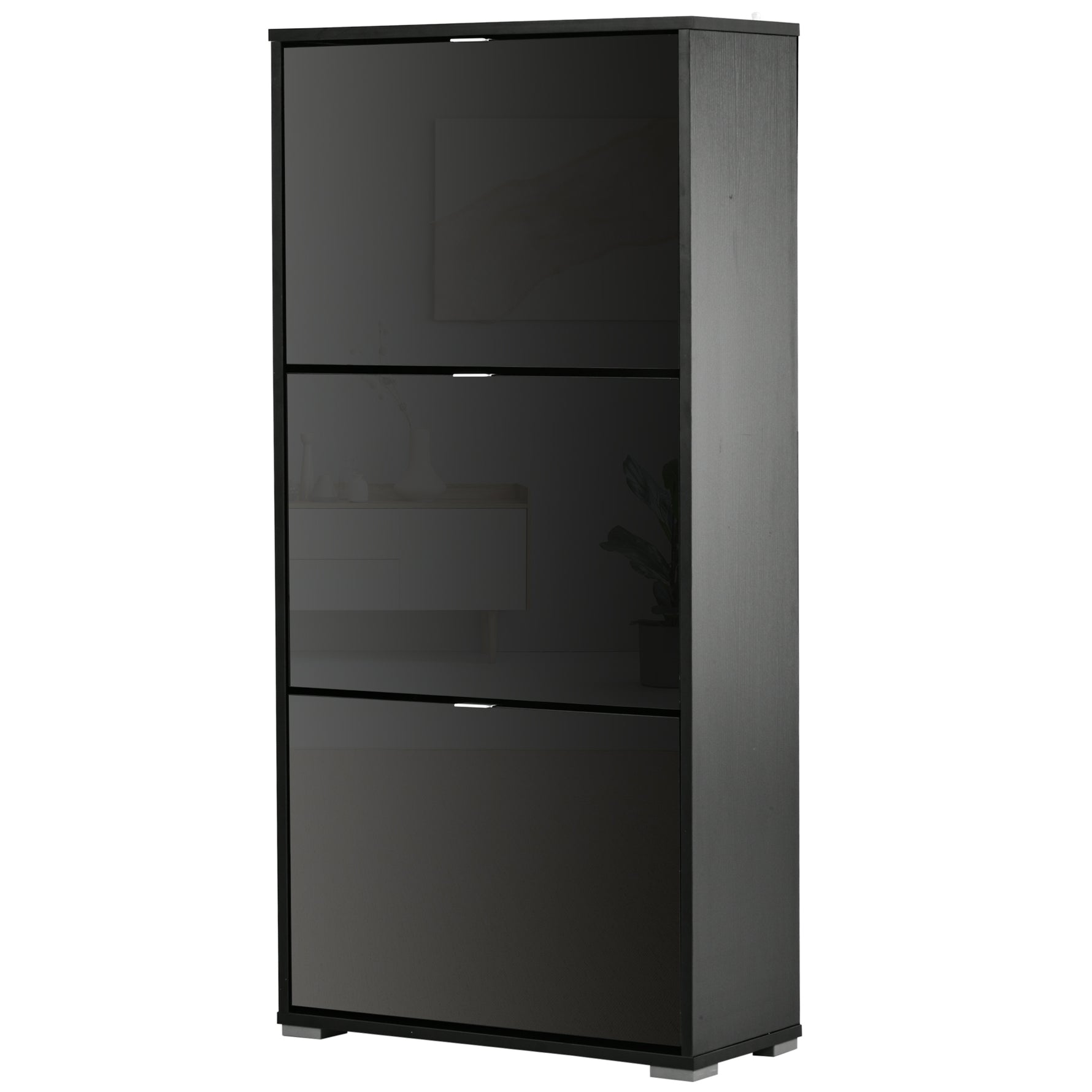 Meuble à Chaussures Armoire à chaussures 3 Portes abattantes 3 Compartiments en bois 60L x 26I x 124H cm Noir