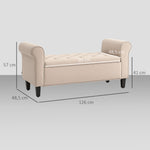 Banc de rangement bout de lit avec accoudoirs, tissu effet velours rembourré et capitonné, 126 x 48,5 x 57 cm, beige
