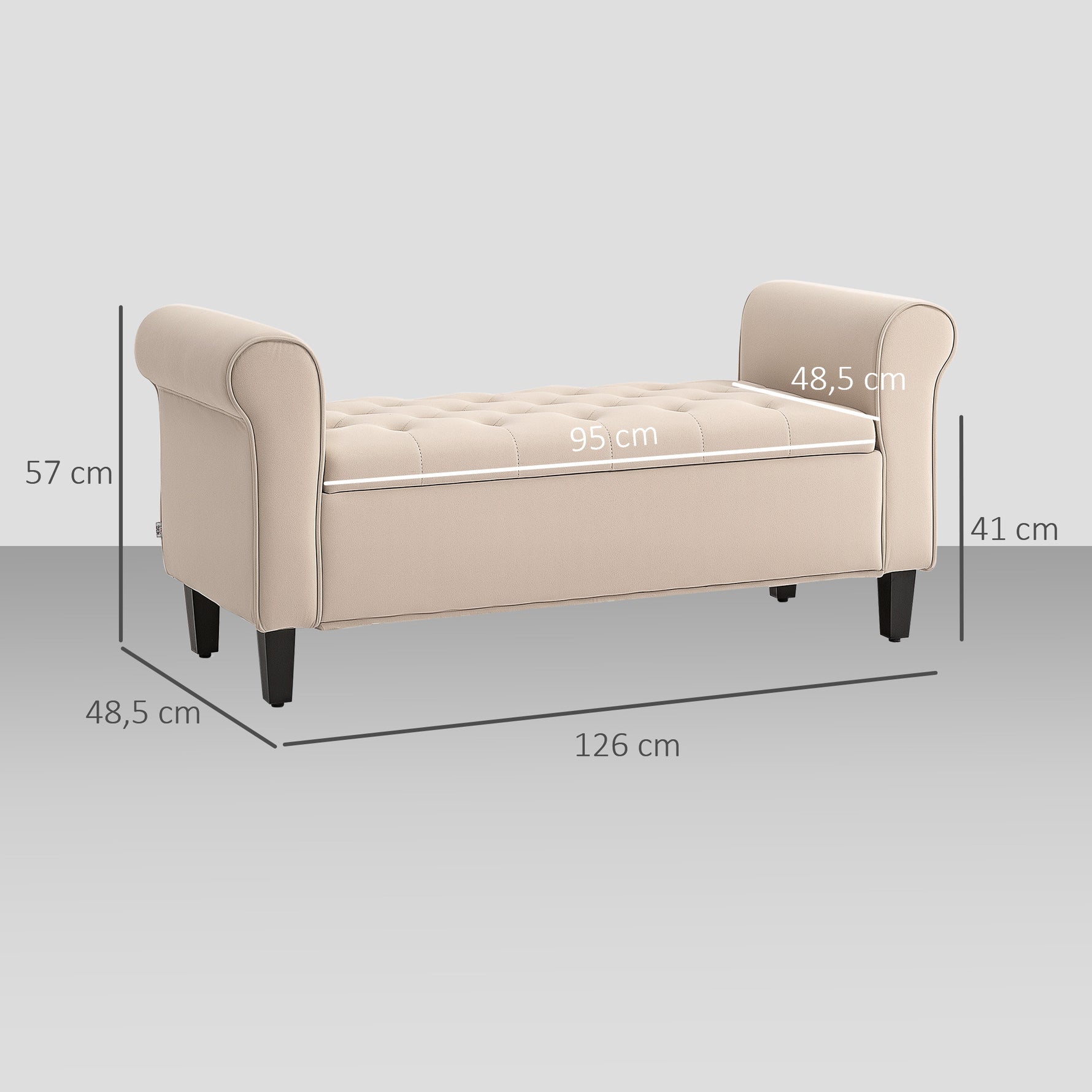 Banc de rangement bout de lit avec accoudoirs, tissu effet velours rembourré et capitonné, 126 x 48,5 x 57 cm, beige