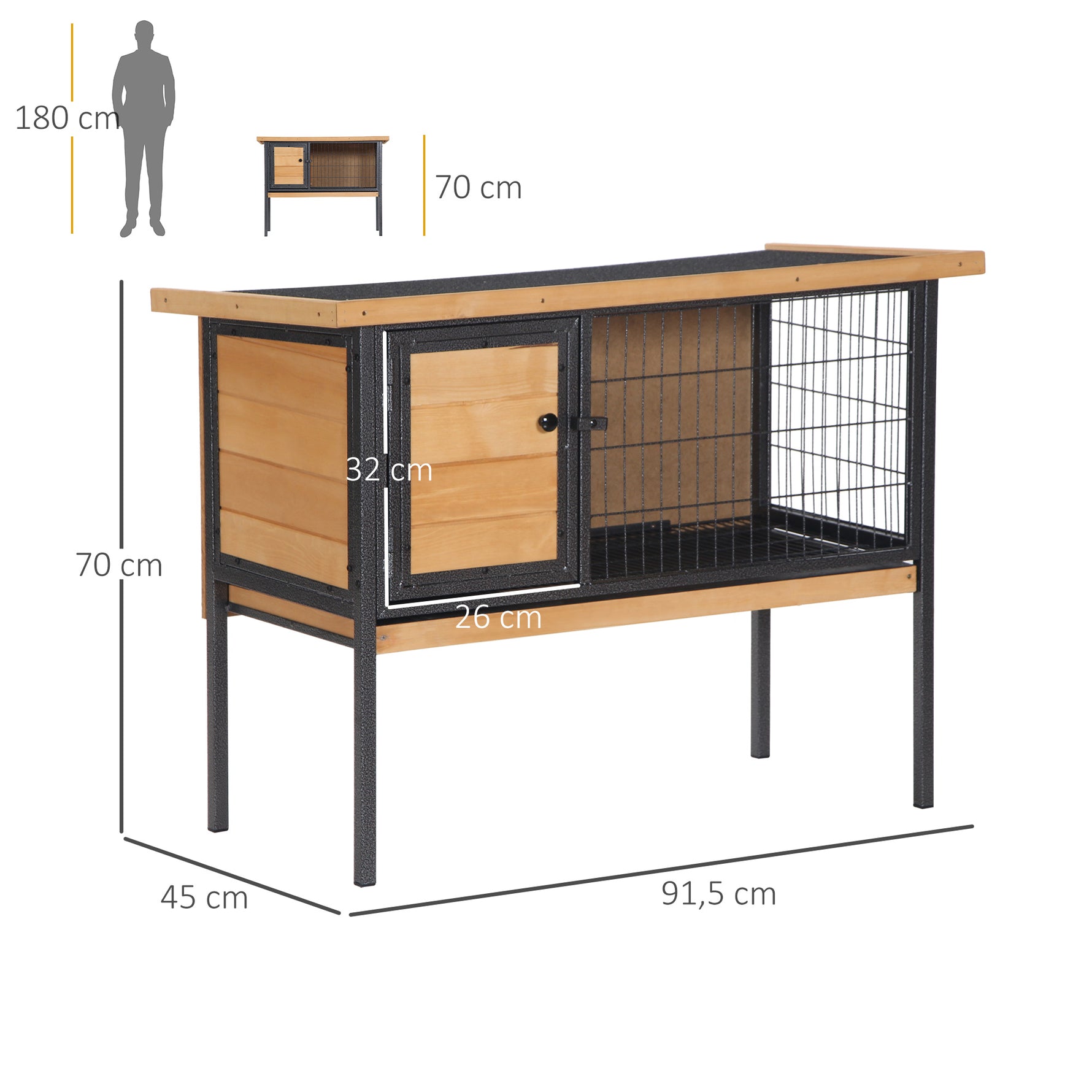 Cage à lapins en bois sur pieds, clapier pour rongeurs, cochons d'inde avec toit ouvrable - dim. 91,5L x 45l x 70H cm