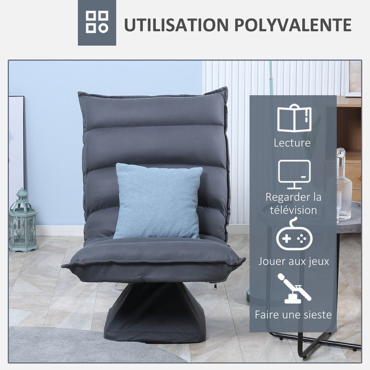 Fauteuil de sol paresseux pivotant 360° avec dossier inclinable design capitonné 62 x 62 x 95 cm gris foncé