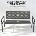 Banc d'extérieur en métal, 2 places, avec dossier géométrique antirouille et accoudoirs, gris foncé