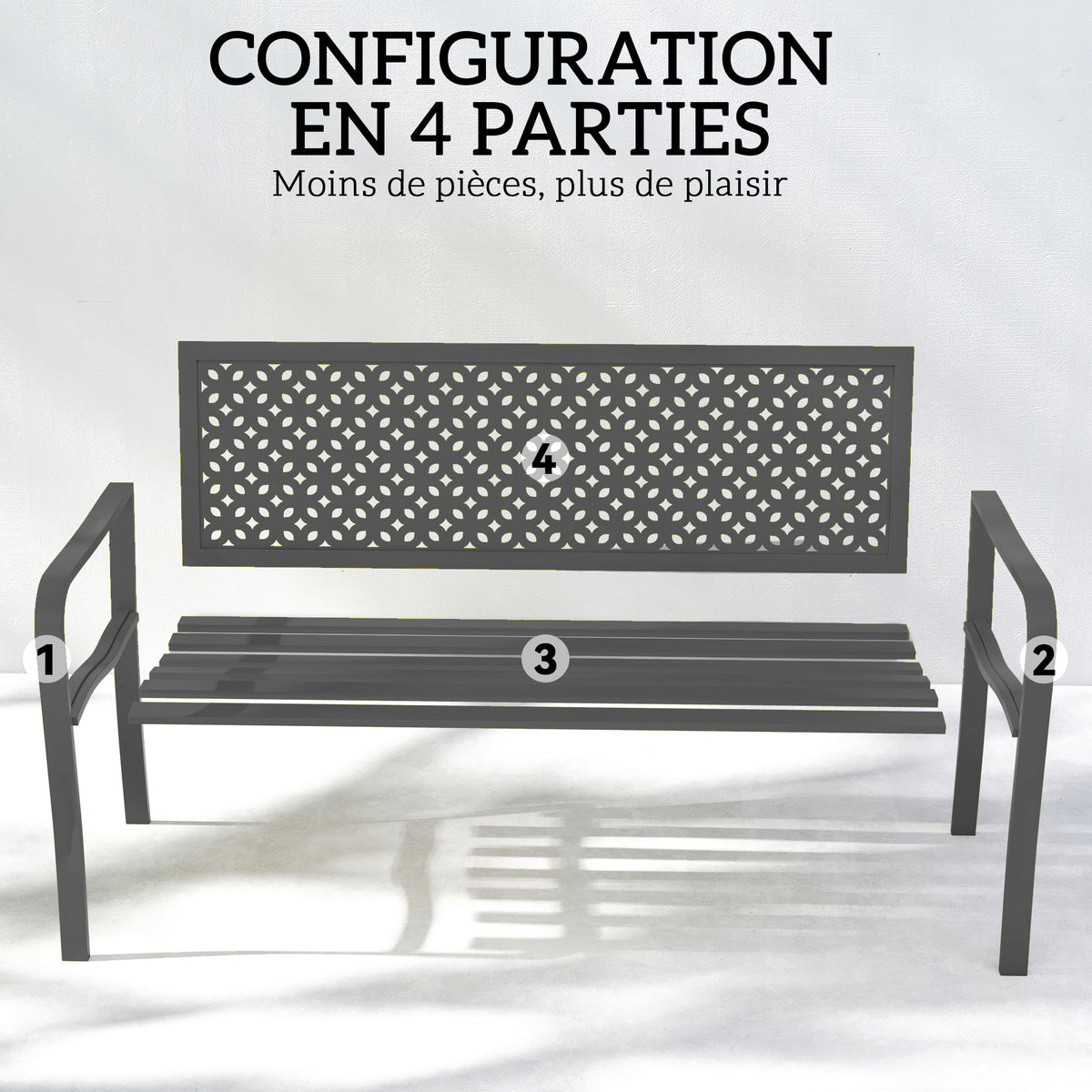 Banc d'extérieur en métal, 2 places, avec dossier géométrique antirouille et accoudoirs, gris foncé