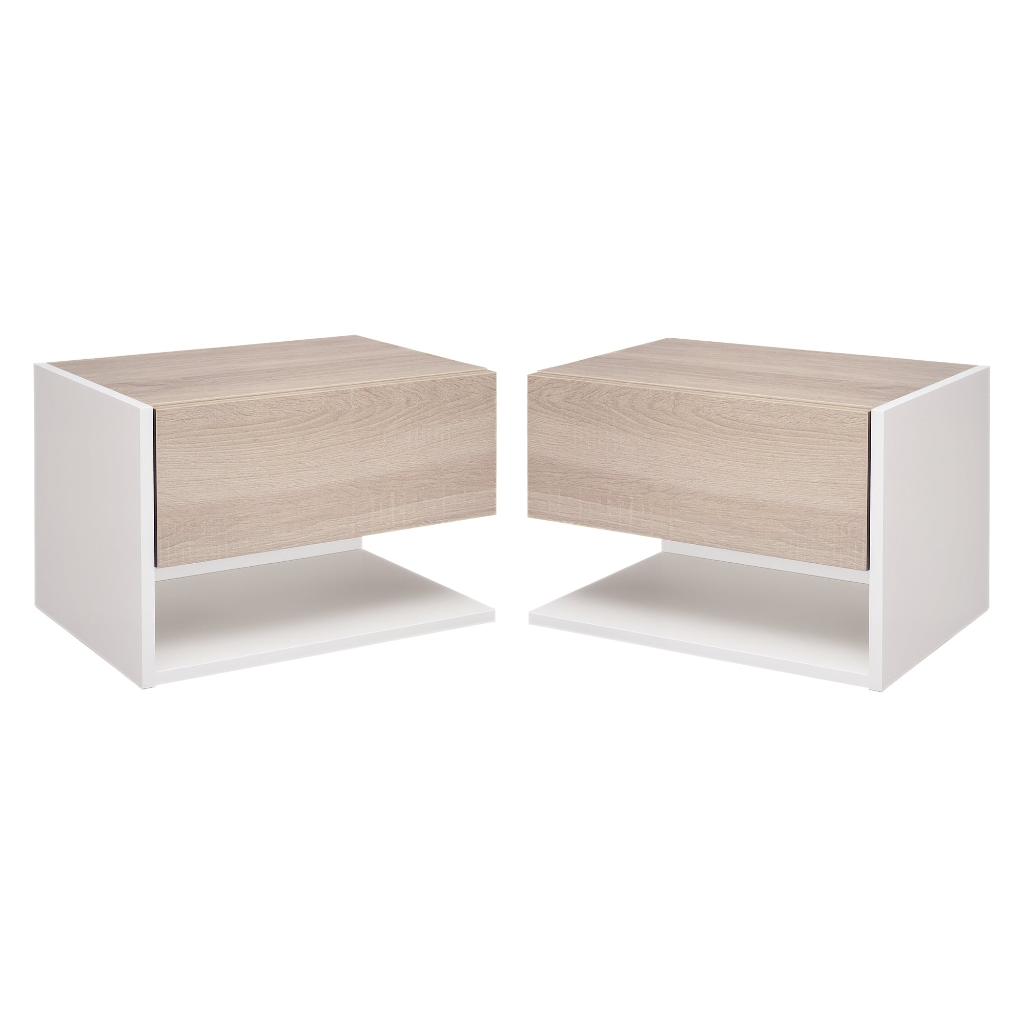 Tables de chevet suspendues Lot de 2 - Tables de Nuit murale - tiroir Coulissant - en Bois Bicolore Aspect chêne clair blanc