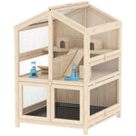 Cage Hamster 3 Étages en Bois avec Bac Amovible, Couvercle Ouvrant, Bascule, Cabane, Fenêtre, 68x61,5x90cm, Naturel