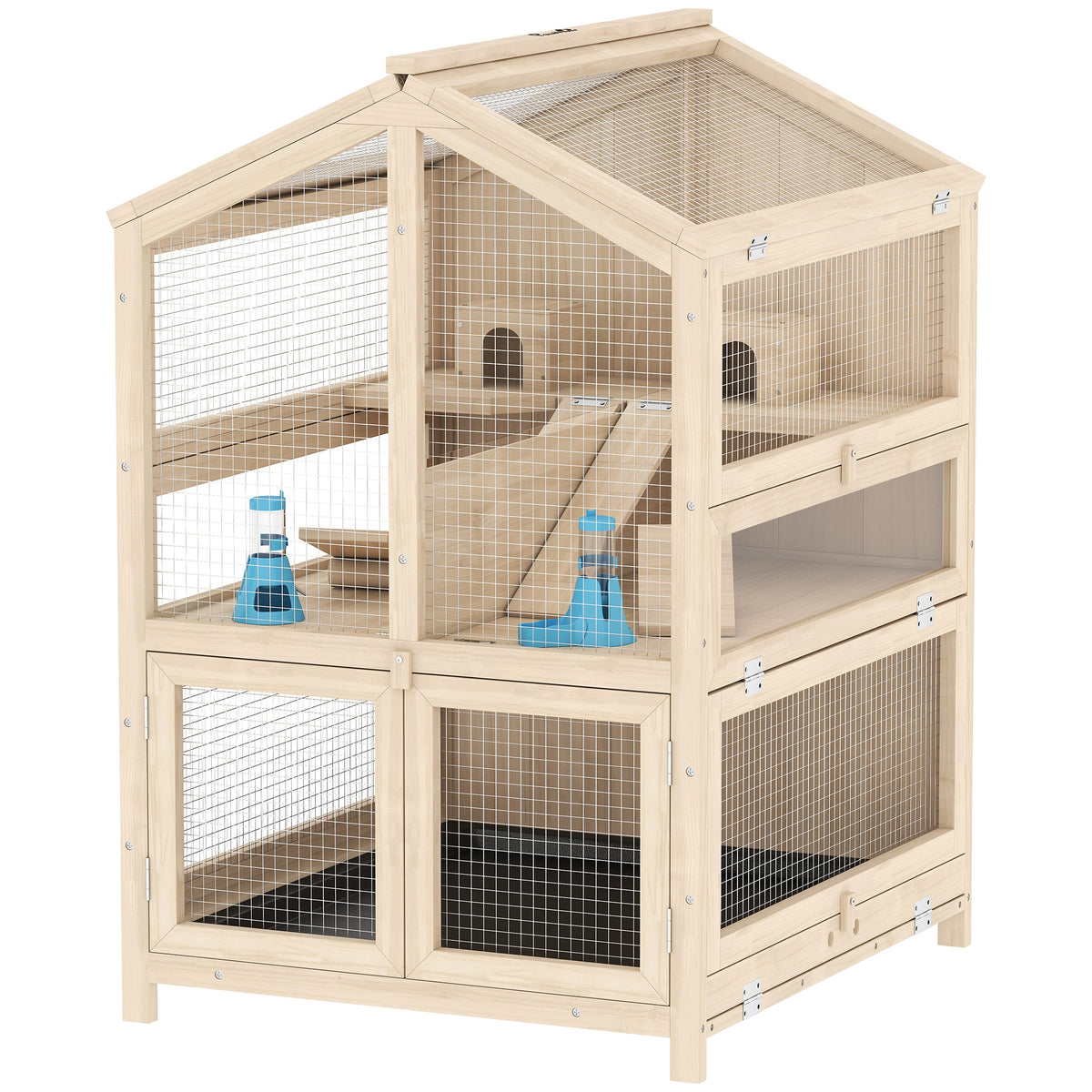 Cage Hamster 3 Étages en Bois avec Bac Amovible, Couvercle Ouvrant, Bascule, Cabane, Fenêtre, 68x61,5x90cm, Naturel
