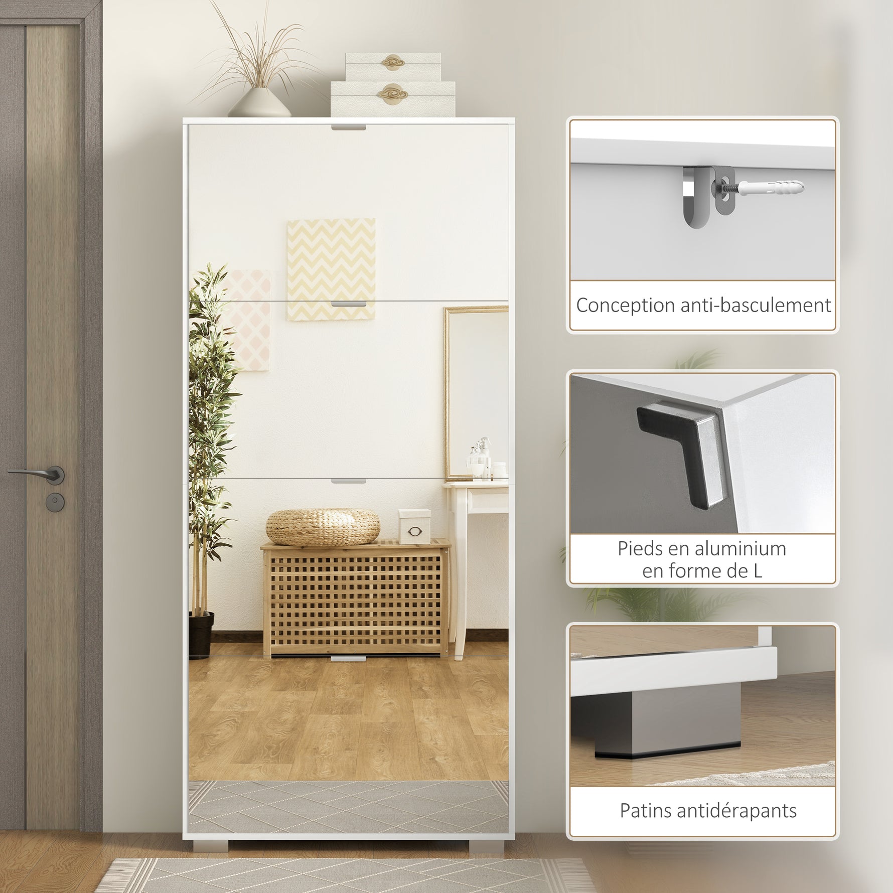 Meuble à chaussures 2 en 1 façades miroir 4 portes abattants, étagères réglables, jusqu'à 24 paires, 76l x 26P x 168H cm
