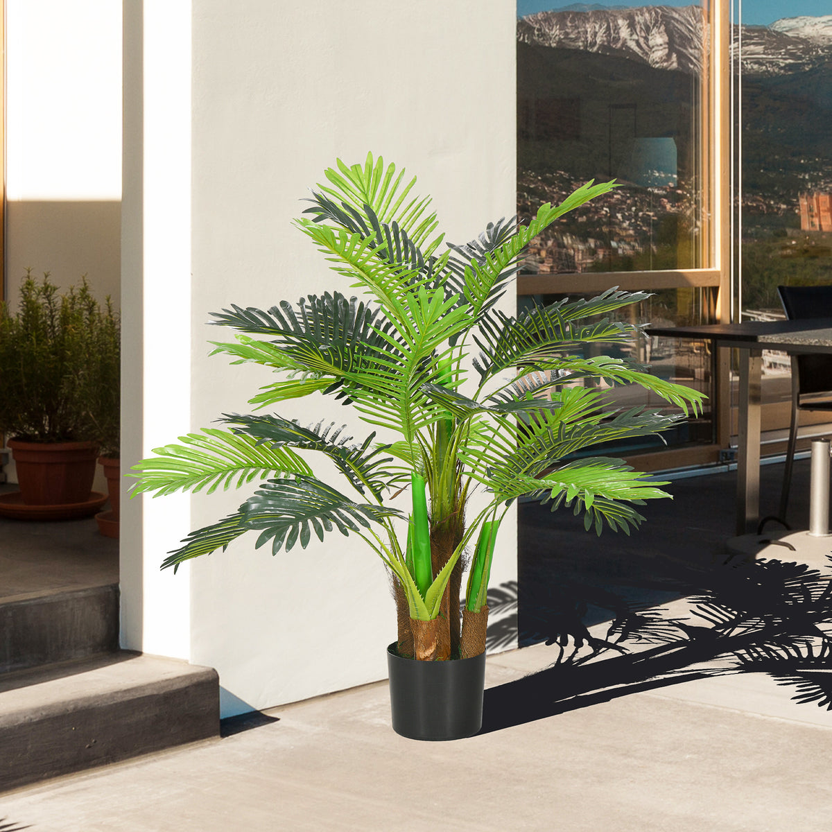 Künstliche Palme H. 1 m Kunstbaum Stamm Äste Flechten Blätter sehr realistisch Topf inklusive