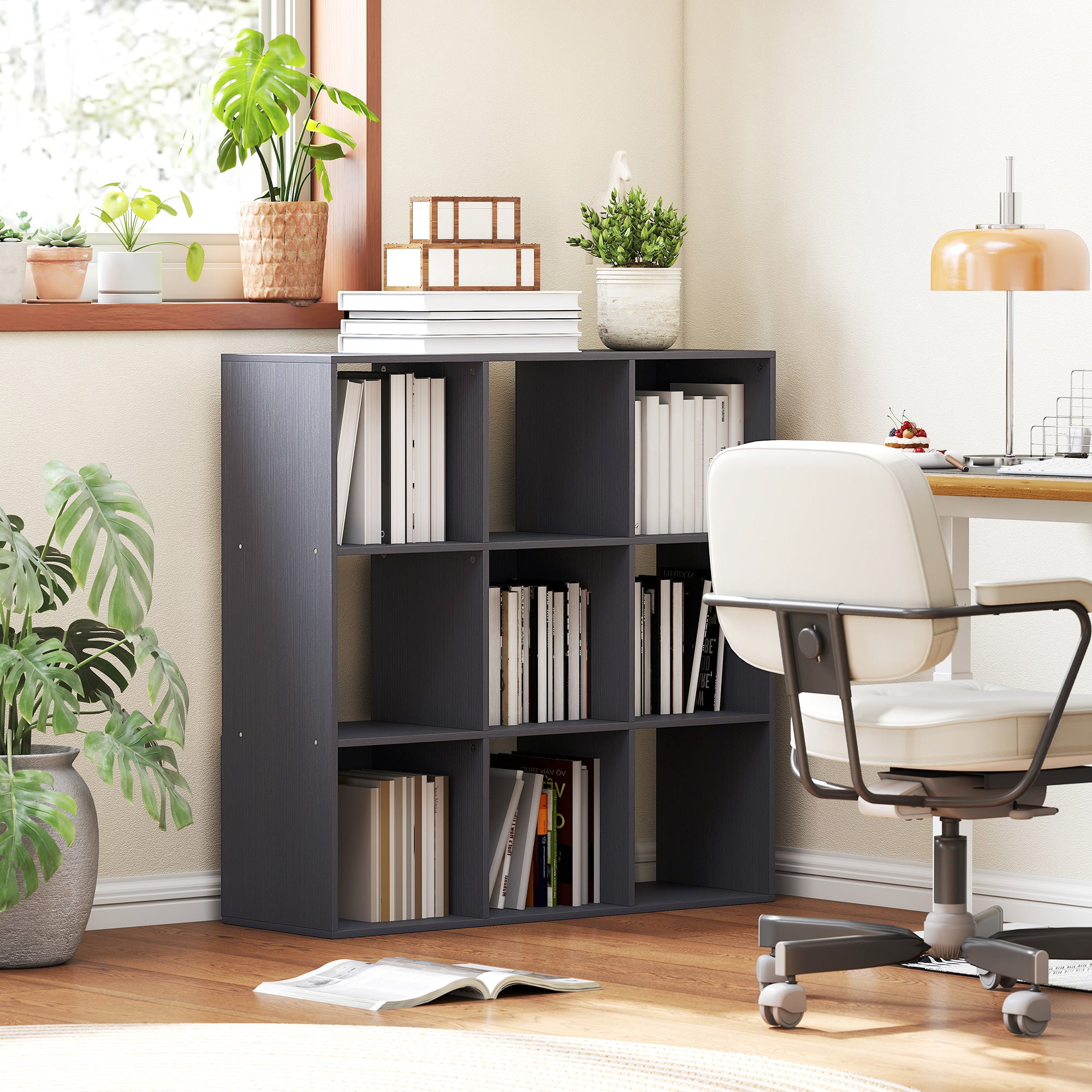 Bookcase, 3-tier storage shelf with 9 compartments, for living room, office, bedroom, 91x29.5x91cm, gray