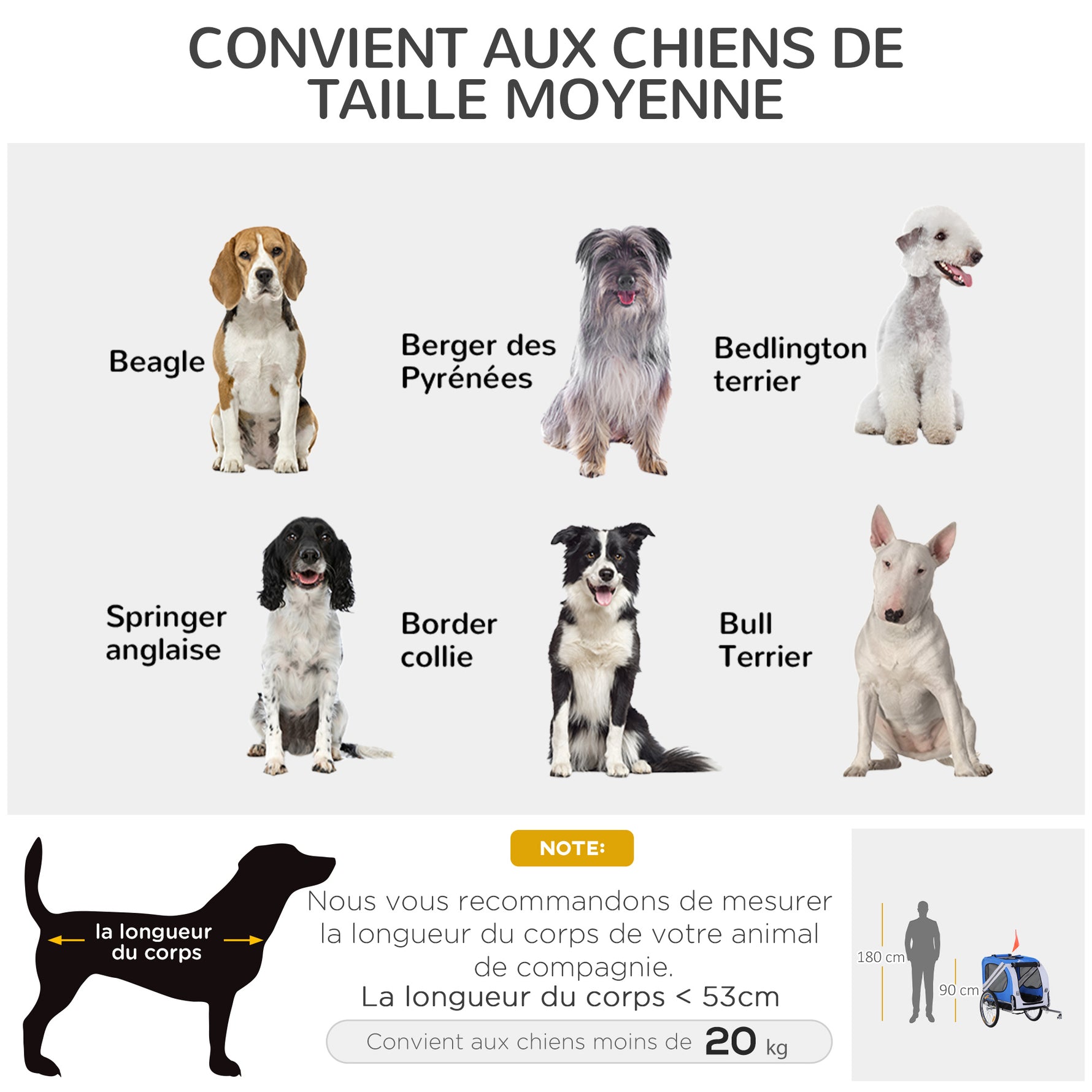 Remorque vélo pour chien animaux 8 réflecteurs drapeau barre attelage inclus 130 x 73 x 90 cm blanc et bleu