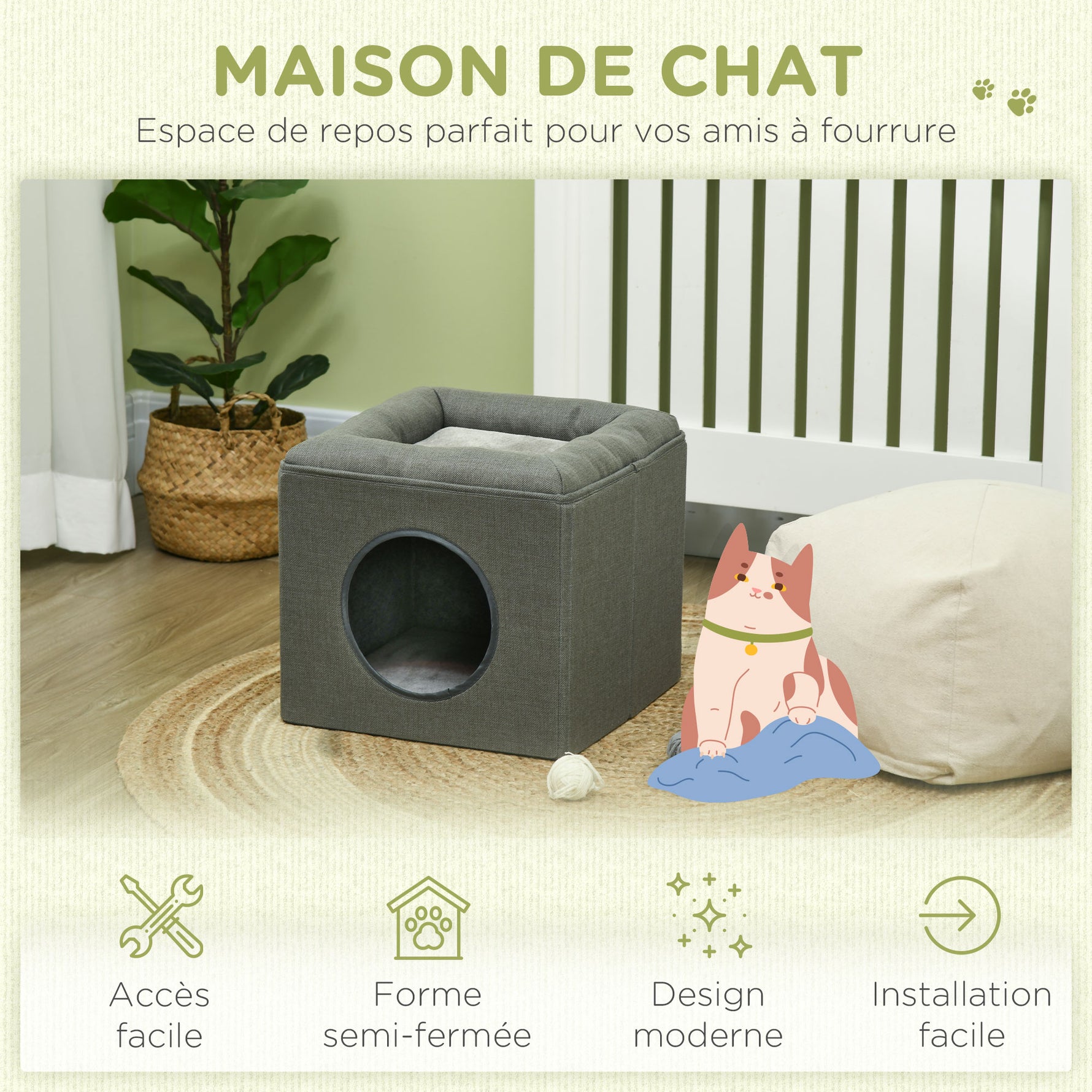 Maison niche pour chat 2 niveaux avec coussin moelleux en peluche - 36,5 x 36,5 x 33 cm gris