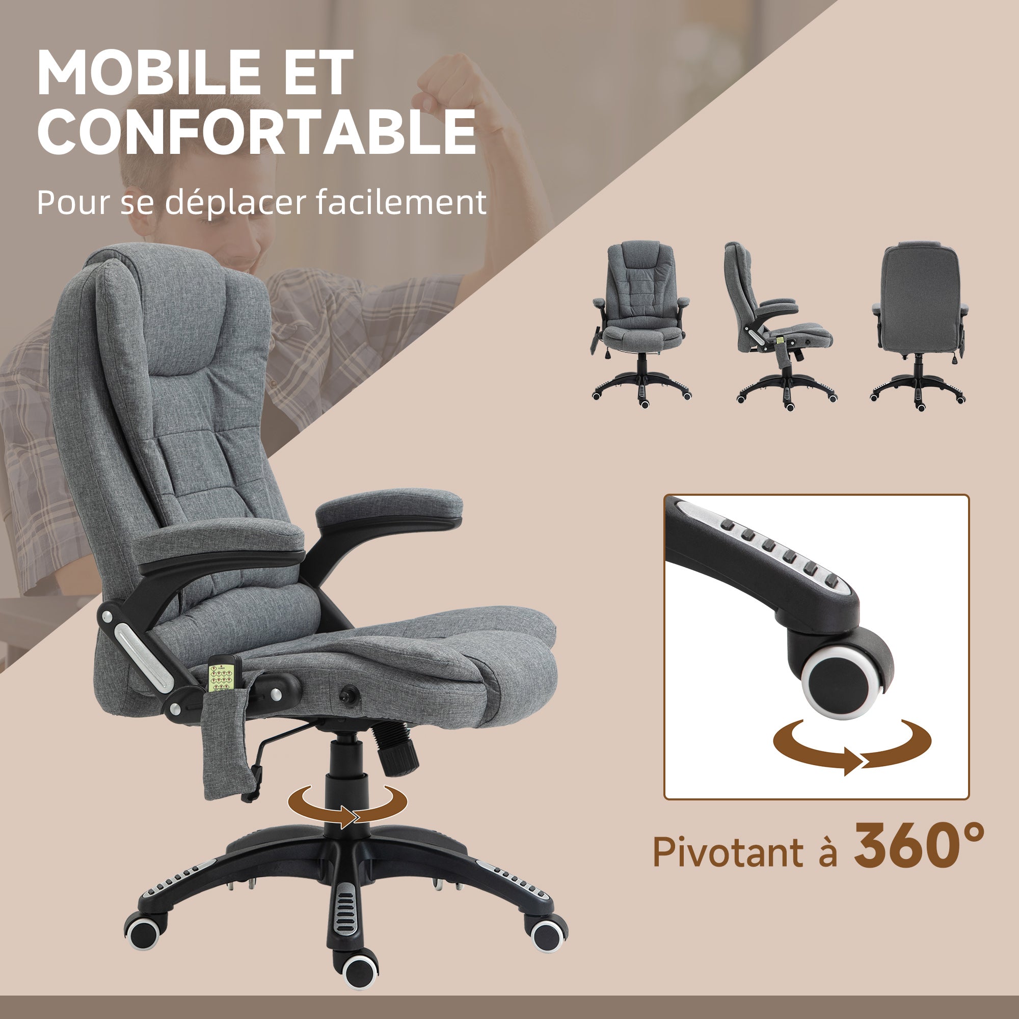 Massage and heating office chair, desk chair, ergonomic chair with adjustable height, reclining backrest and wired remote control, 360° swivel, heather grey polyester fabric