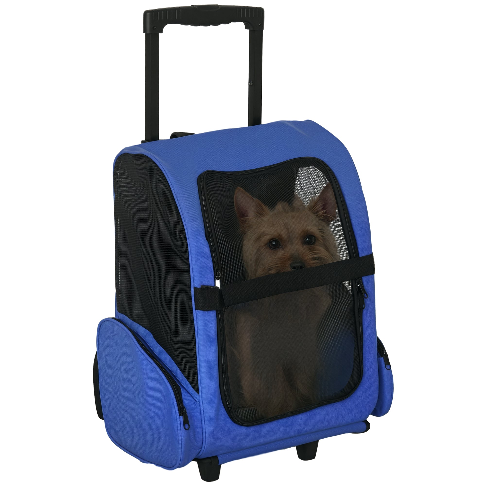 2-in-1 wheeled pet carrier, trolley/backpack for dogs and cats with telescopic handle, storage pockets, ventilation, safety tether, 42 x 25 x 55 cm, blue