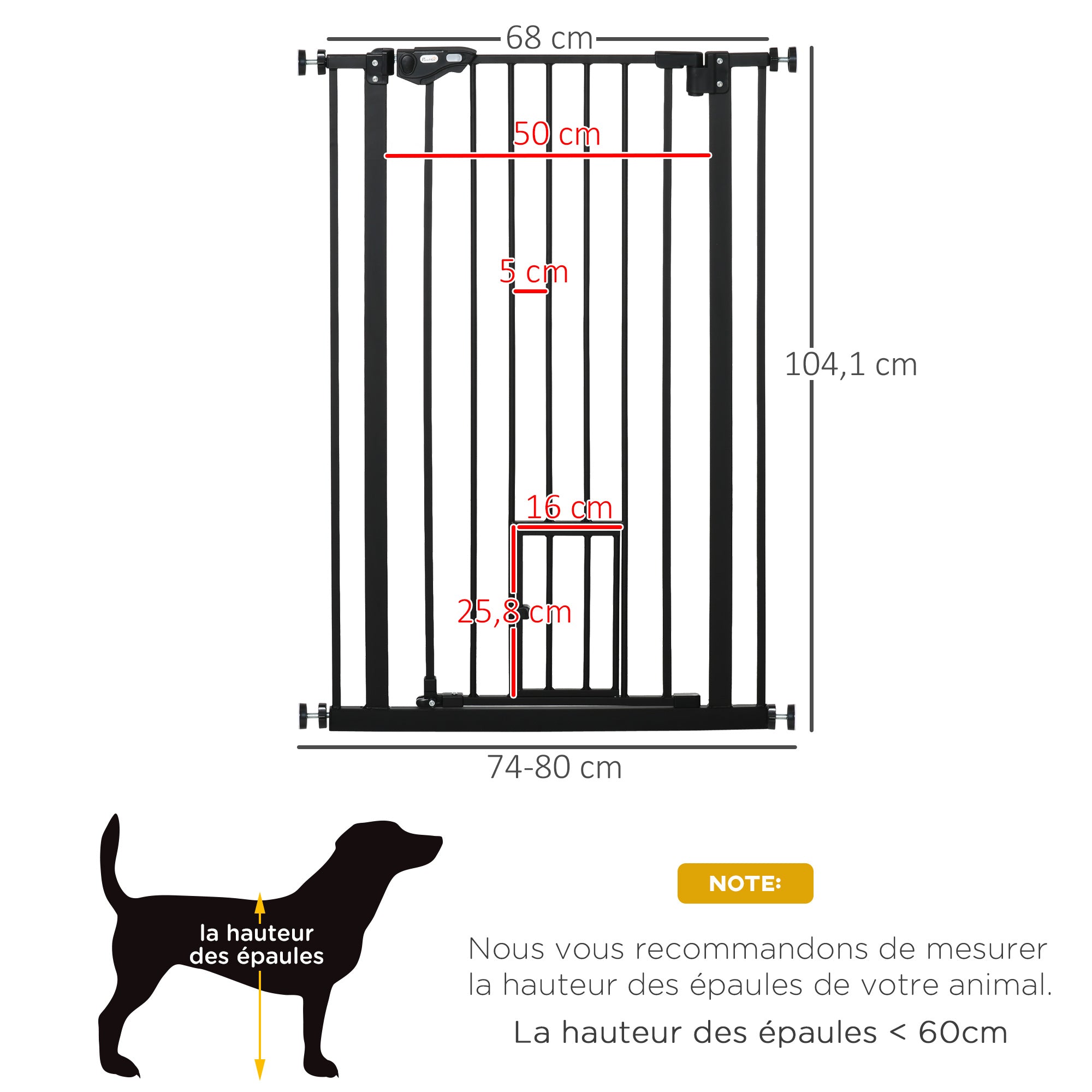 Lot de 2 barrières de sécurité animaux de 104H cm avec système de double verrouillage sans percage de 74 à 80 cm