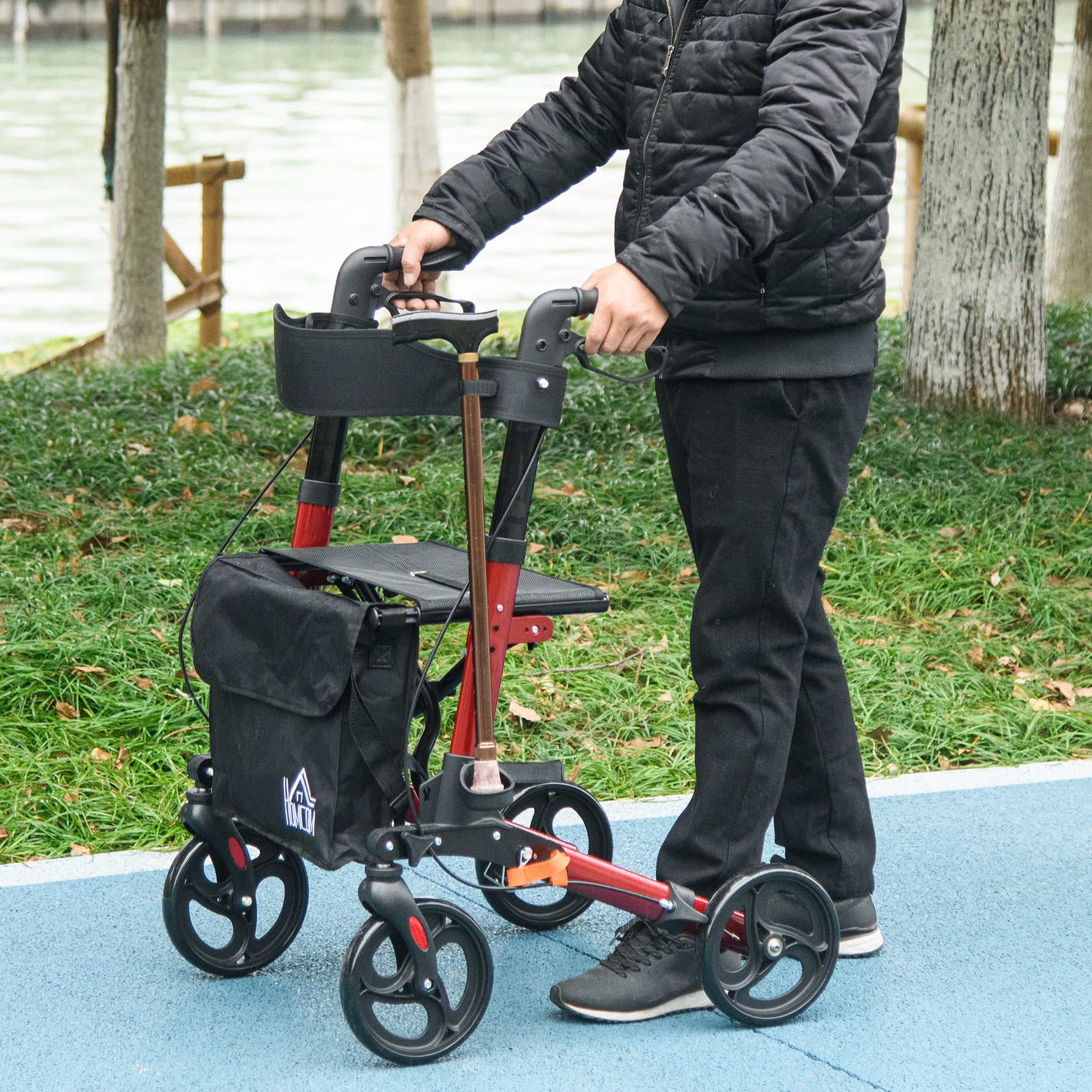 Déambulateur 4 Roues Pliable en Aluminium, Hauteur Réglable 6 Positions, Freins Doubles, Rangement, 64x67x92cm, Rouge