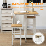 Ensemble table de bar pliable roulettes + 2 tabourets blanc et bois clair - 2 tiroirs et porte-torchons
