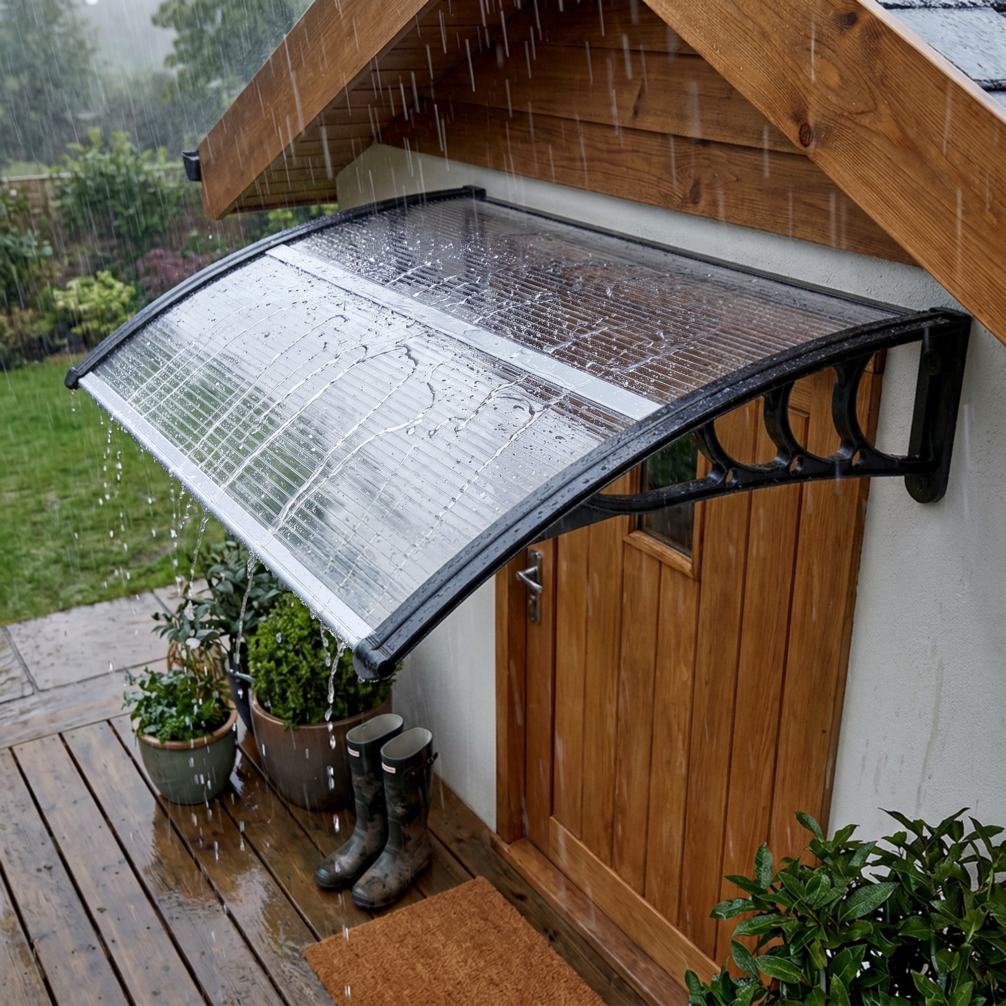 Pensilina per porta d'ingresso, tettoia esterna in policarbonato e profilo in alluminio resistente, copertura di protezione contro pioggia e raggi UV per terrazza, balcone, 100x75cm, trasp.