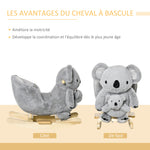 Jouet à Bascule Koala avec marionnette - Effet sonore Rugissement - Fauteuil intégré, Ceinture de sécurité - pour 18-36 mois - Bois peuplier Peluche Courte Polyester Gris