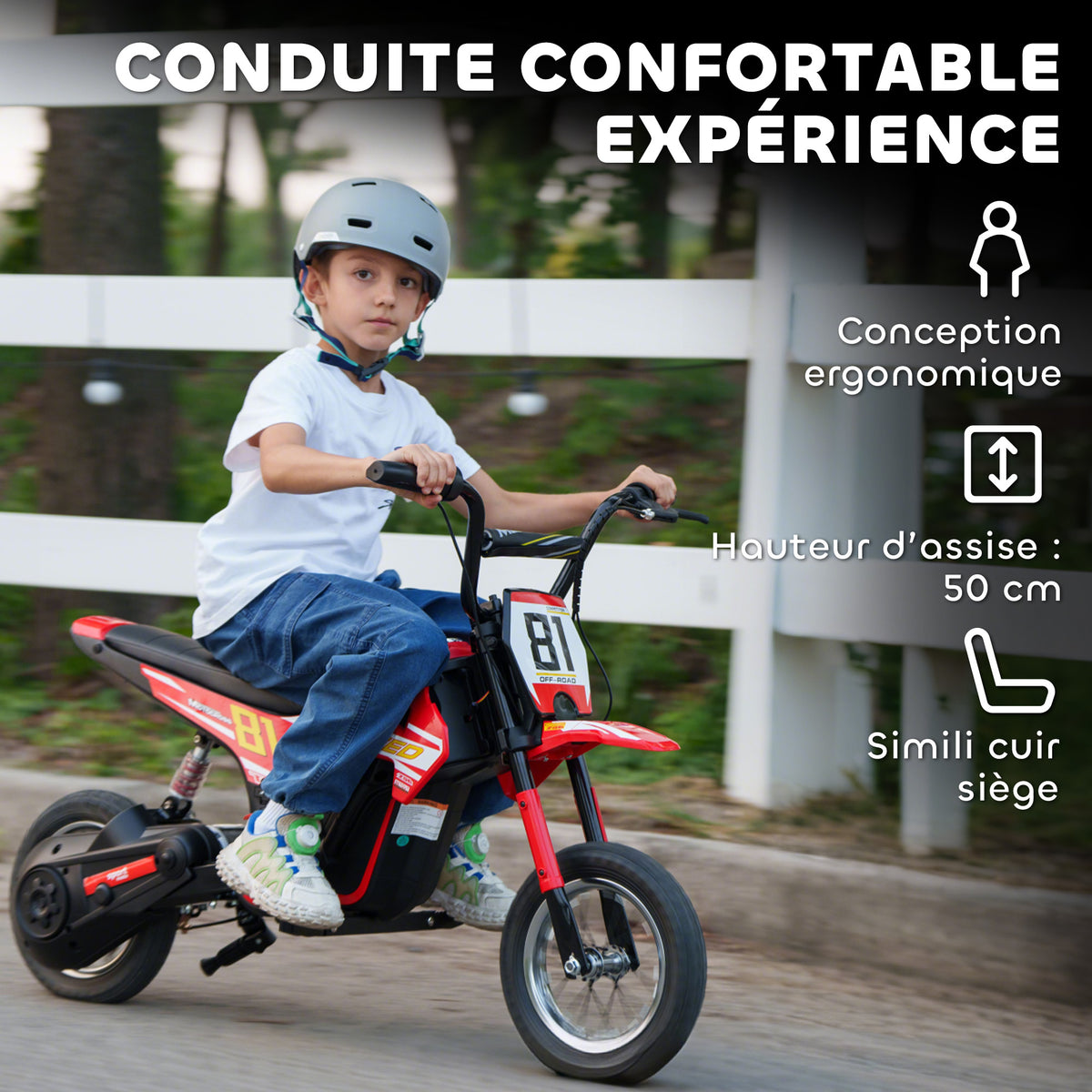 Moto électrique enfants 24V, moteur 250W, vitesse 6,4-16 km/h, pour enfants 8-12 ans, suspension arrière, rouge