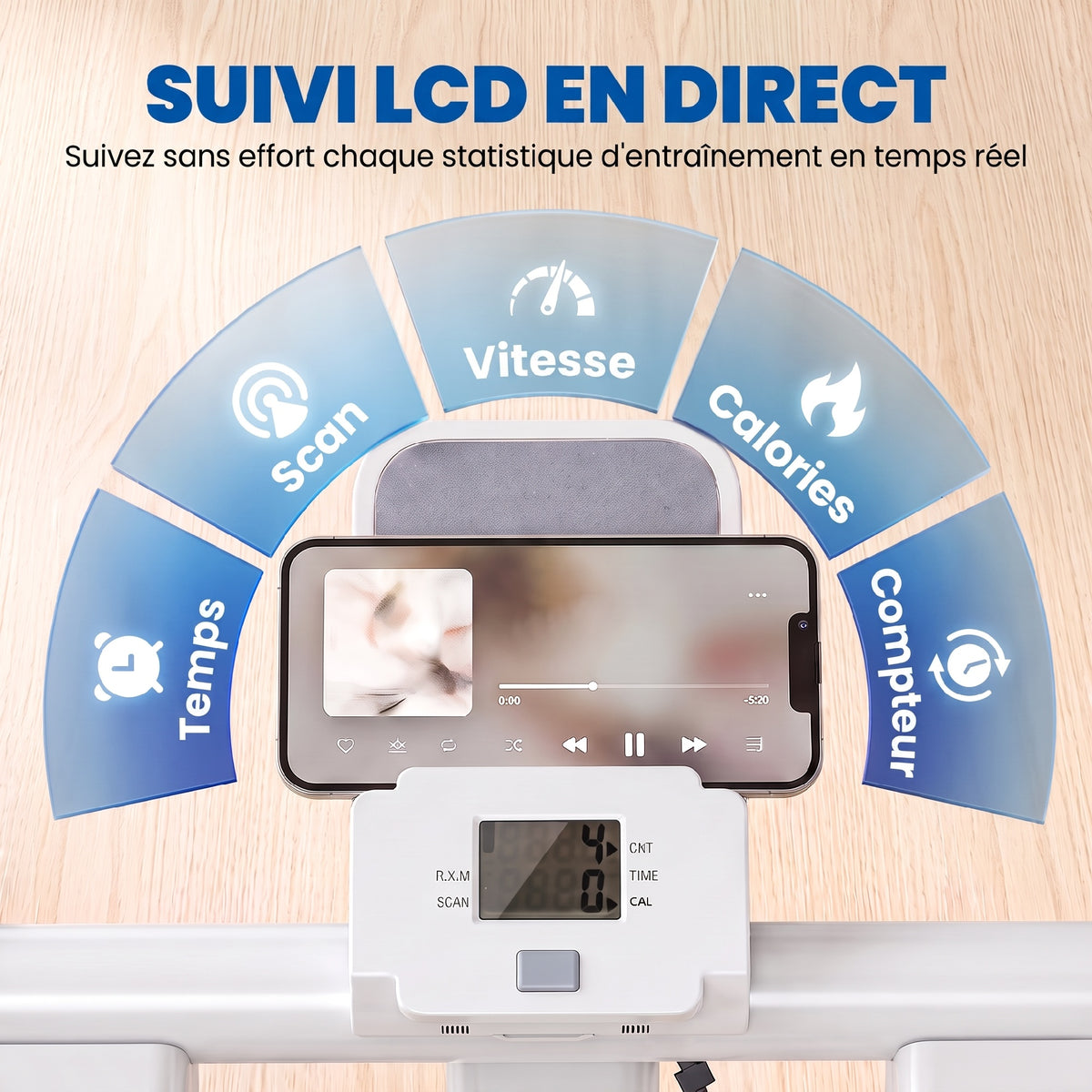 Stepper d'Escalier Pliable, Hauteur Réglable, Écran LCD, Pédales Réglables, Charge 100 kg, 85 x 80 x 142 cm, Blanc