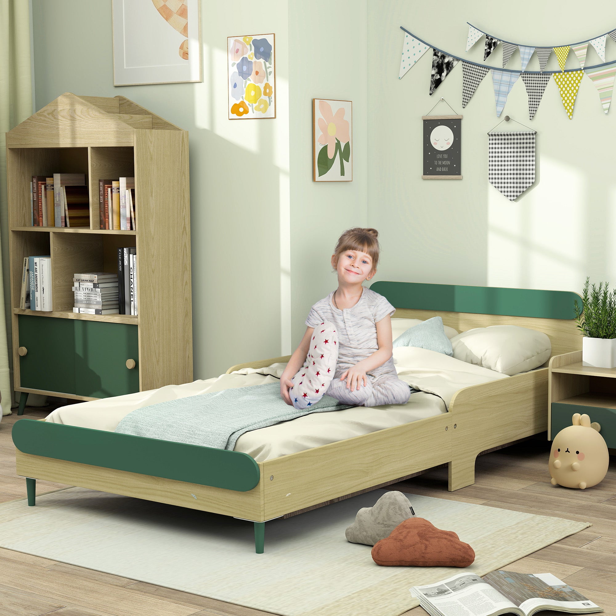 Kinderbett, Bodenbett für Kinder von 3 bis 10 Jahren mit Sicherheitsgitter, inkl. Lattenrost, grün