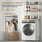 Étagère de Machine à Laver 3 Niveaux, Meuble pour Lave-Linge et Sèche-Linge avec Barre de Suspension, Marron et Blanc