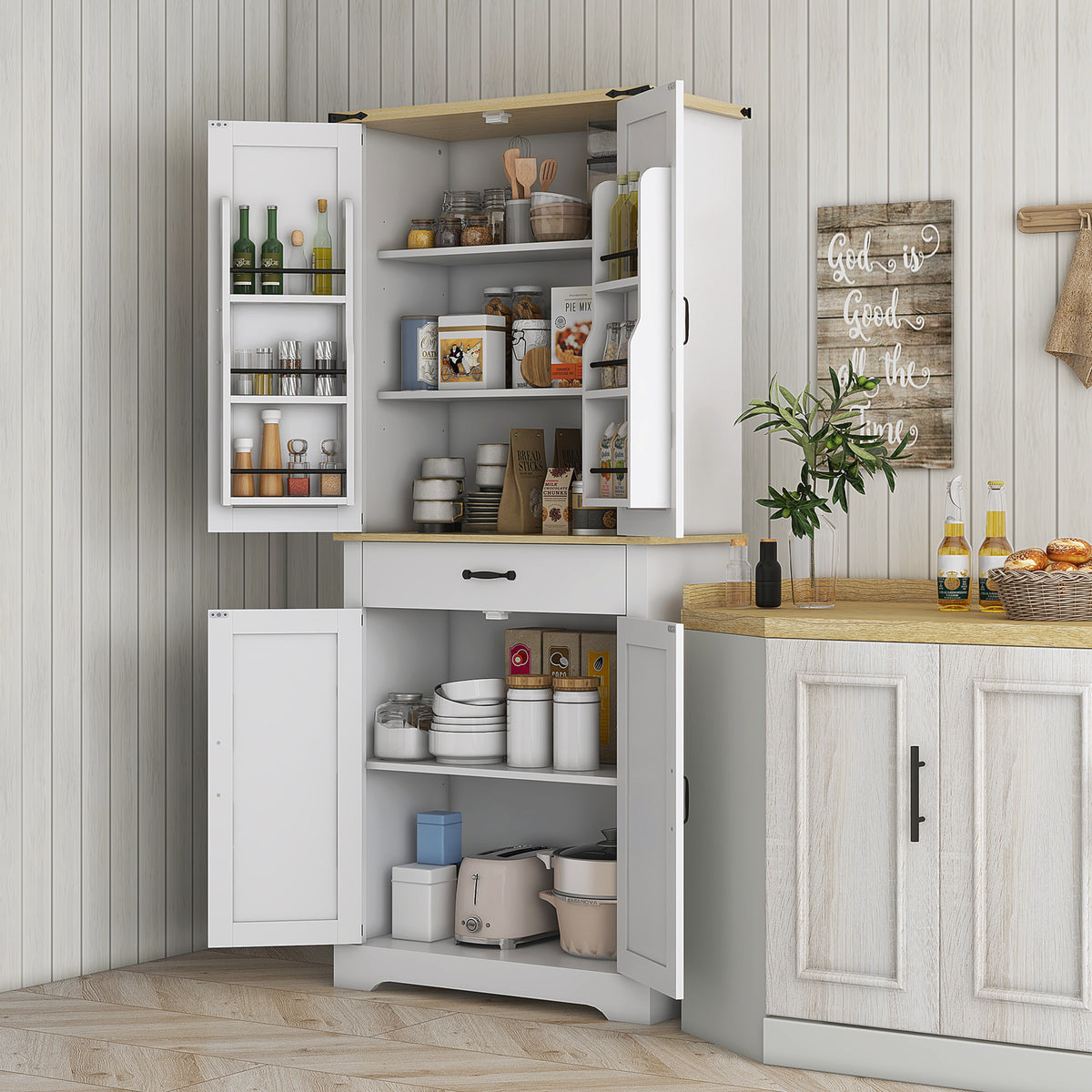 Armoire de cuisine buffet cuisine, 4 portes, 6 étagères à porte,1 tiroir et étagères réglables 76,5 x 40 x 181 cm blanc