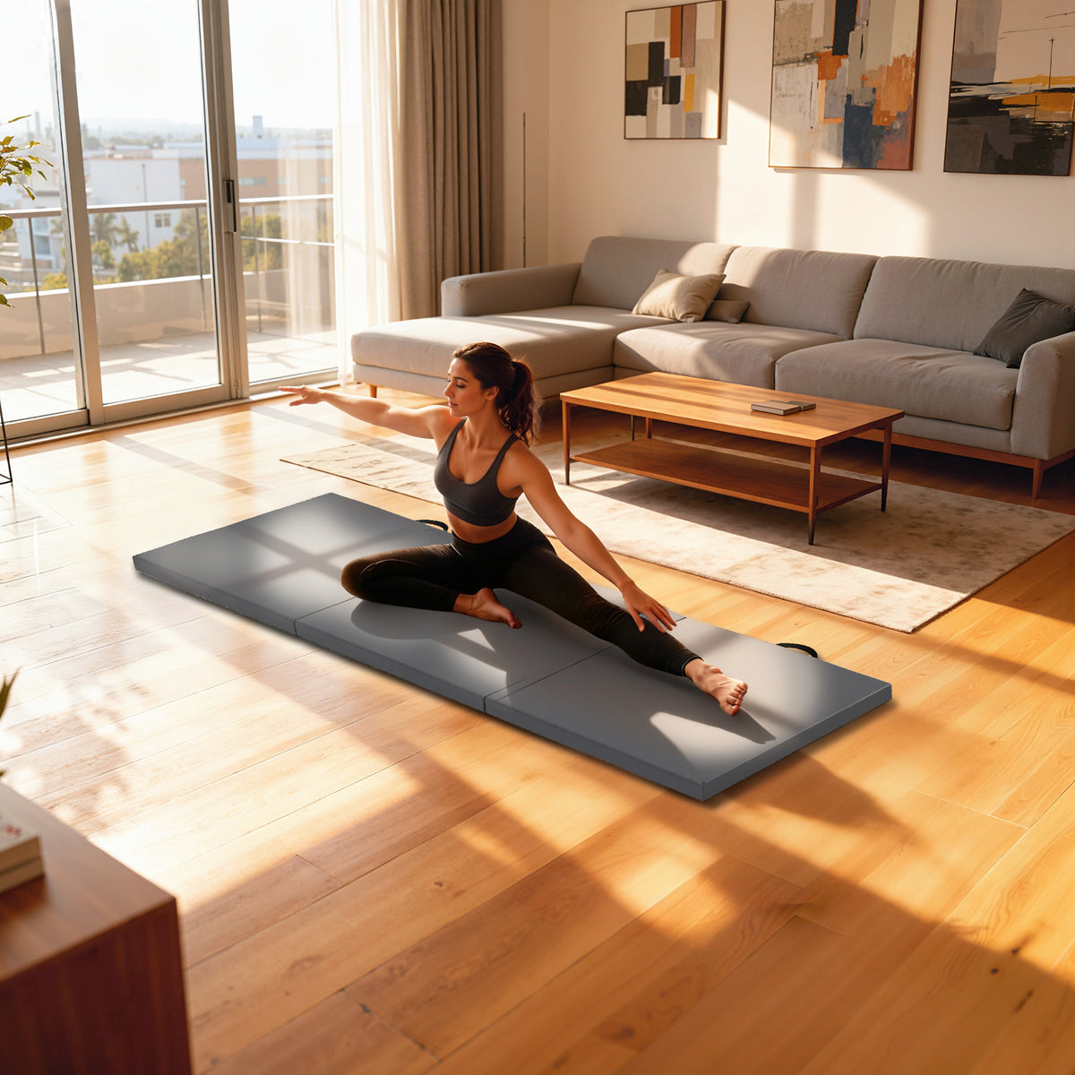 Tapis de gymnastique yoga pilates fitness pliable en 3 panneaux avec poignées revêtement synthétique 180 x 60 x 5cm gris
