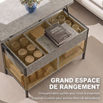 Table basse relevable et extensible, table de salon avec compartiment caché étagères ouvertes, 98x49x55cm, gris