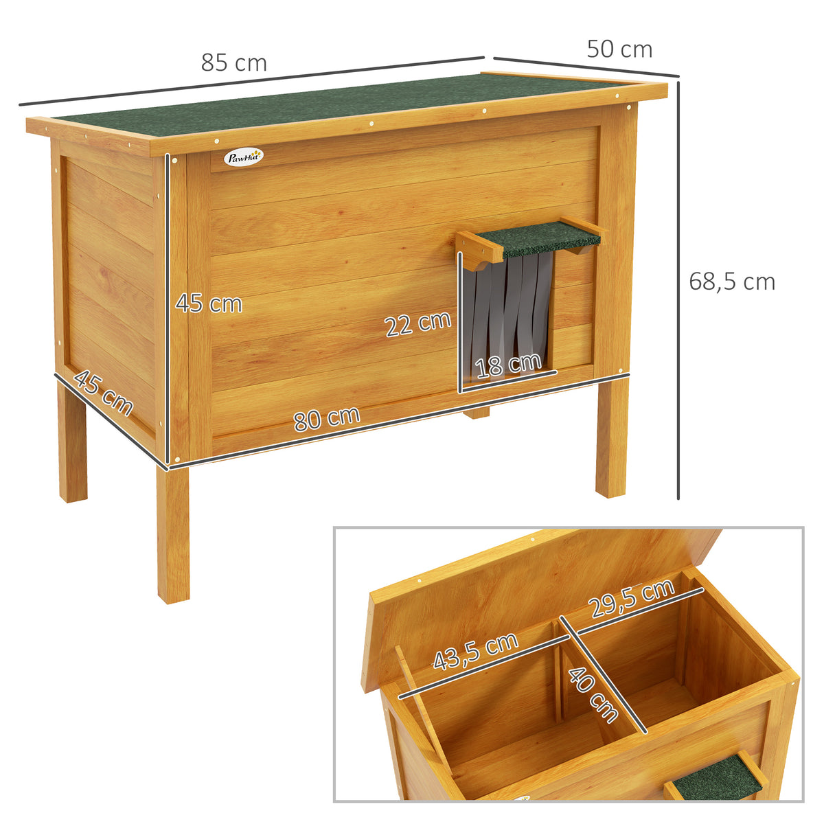 Verhoogd houten buitenkattenhuis met openslaand dak, geïsoleerd, 85 x 50 x 68,5 cm, naturel groen