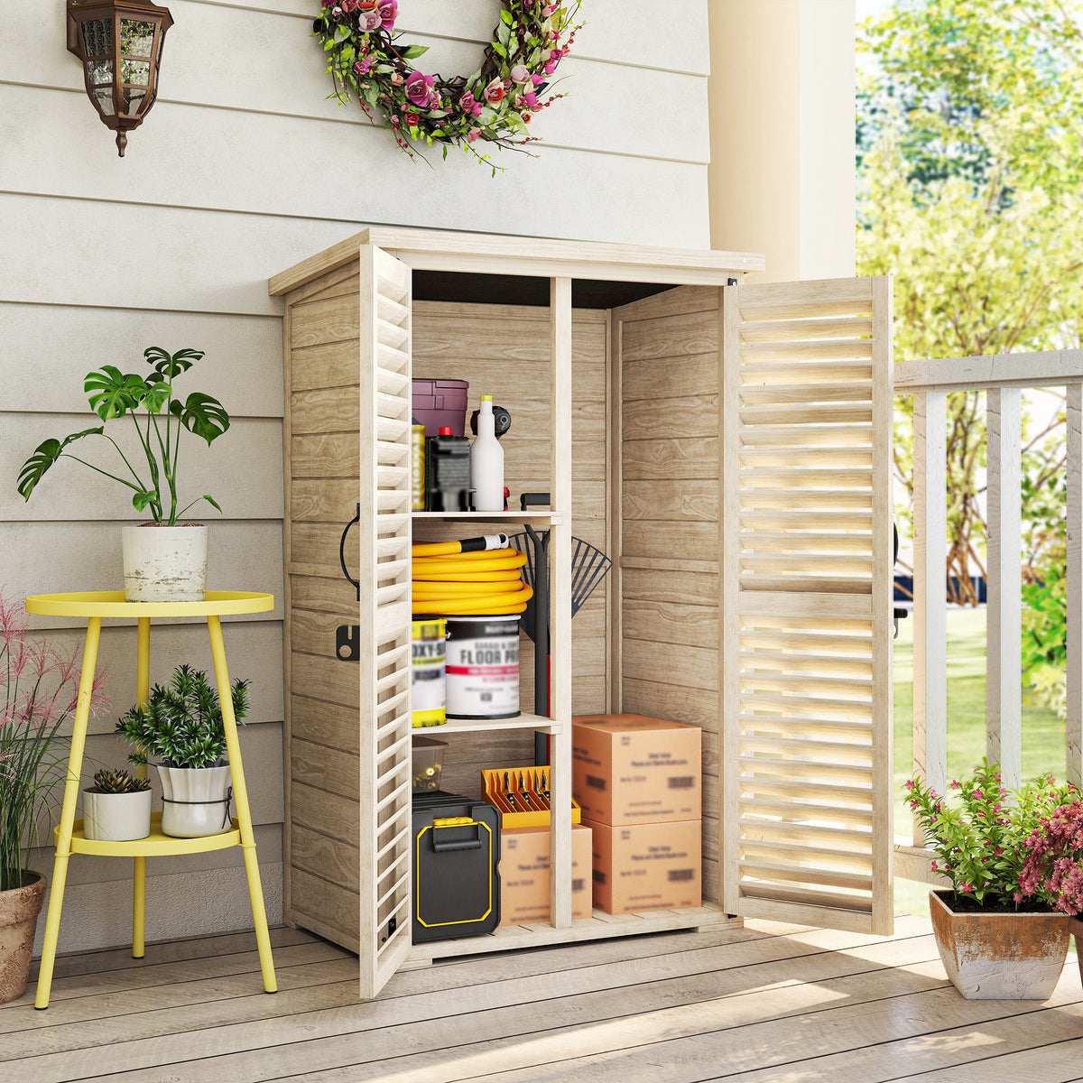 Armoire de jardin remise pour outils en bois 2 étagères toit bitumé portes persiennes verrouillable 75 x 50 x 118