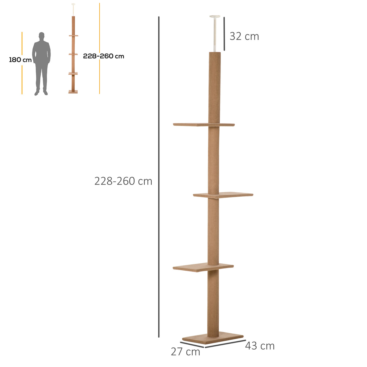Arbre à chat poteau à griffer hauteur réglable dim. 43L x 27I x 228-260H cm 4 niveaux d'activités marron
