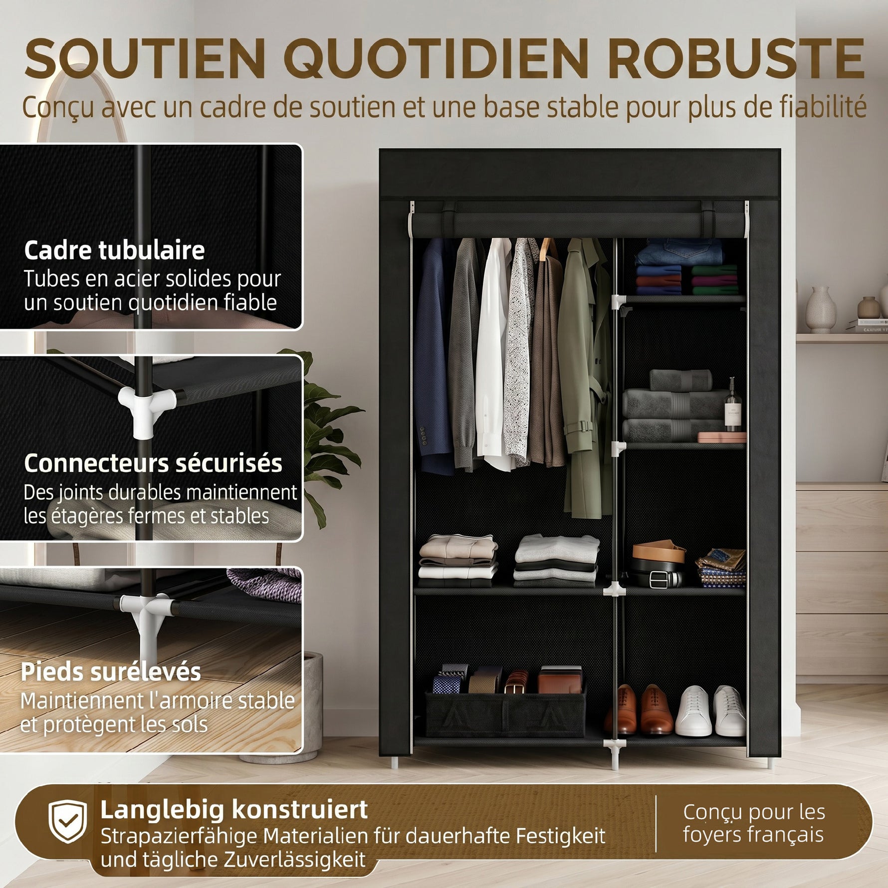 Armoire penderie multi-rangement - 6 étagères, 1 barre - non tissé noir