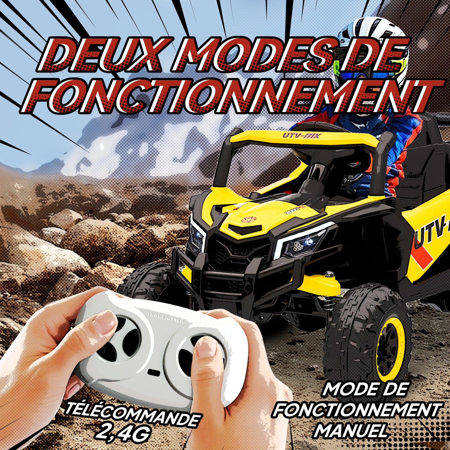 Voiture électrique enfants UTV 12 V, buggy électrique enfants avec télécommande, 96 x 61 x 56 cm, jaune