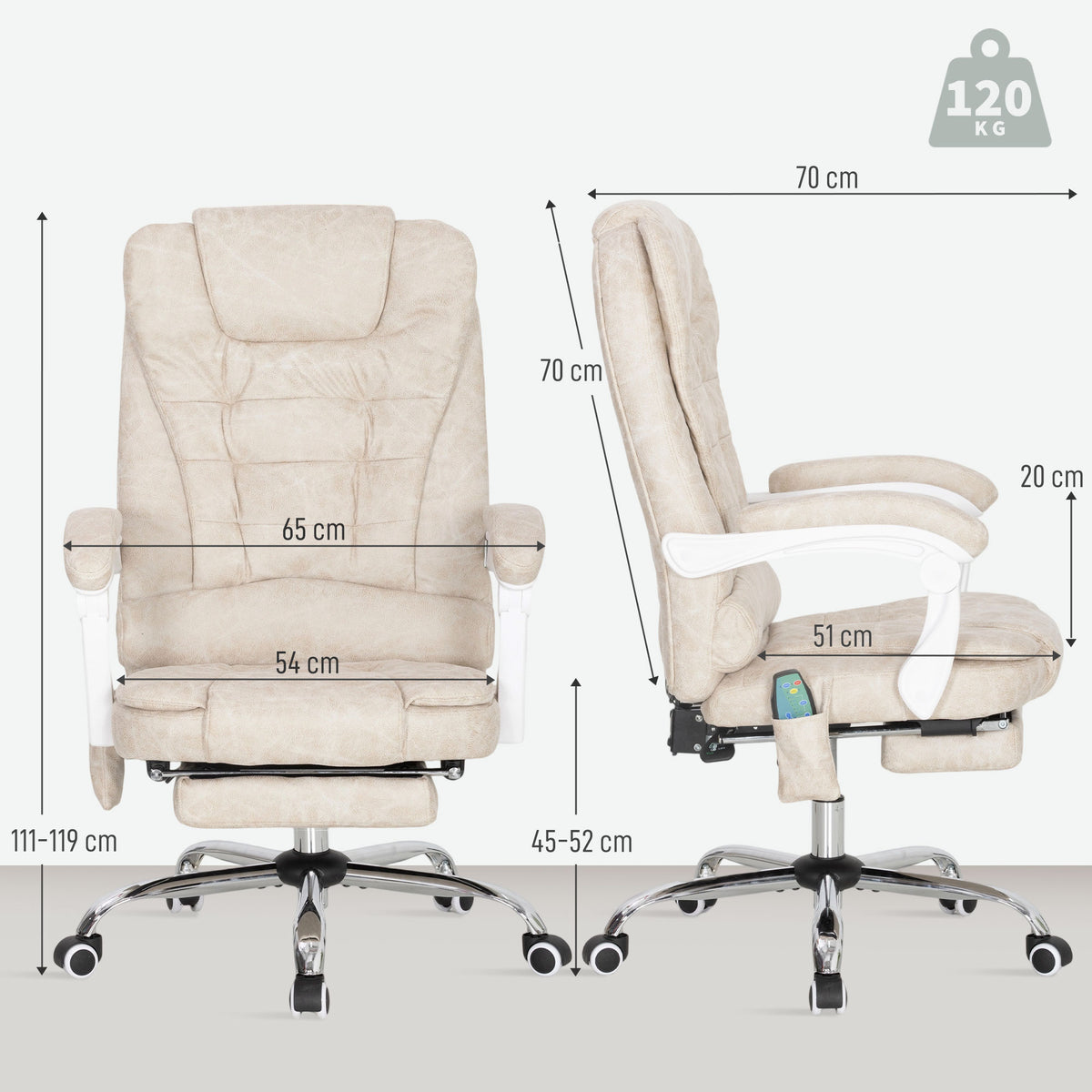 Fauteuil de bureau massant et chauffant, chaise de bureau, hauteur réglable, dossier inclinable, 65x70x111-119cm, crème
