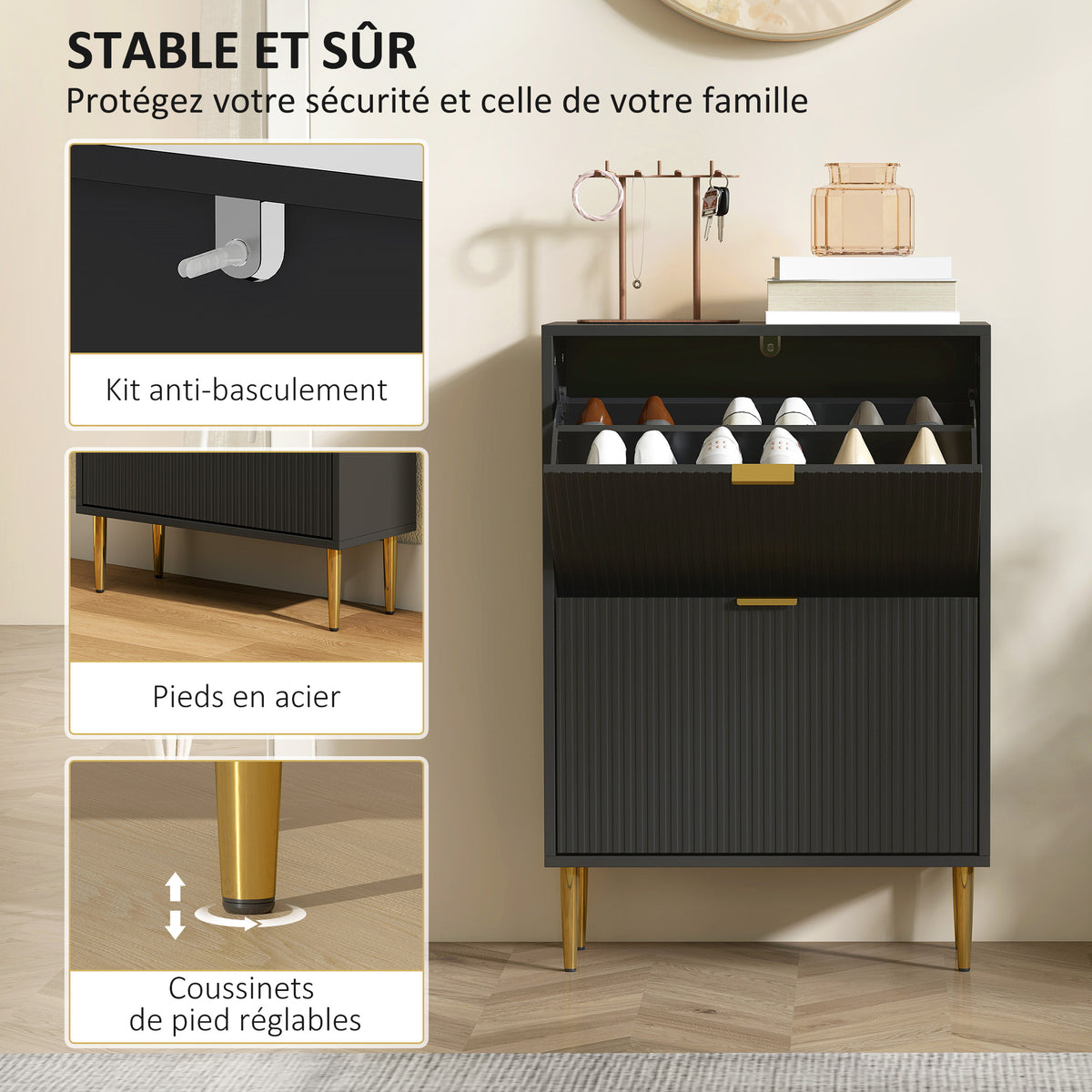 Meuble à chaussures 12 paires avec 2 tiroirs rabattables, portes cannelées et étagères réglables, 60x24x91,5cm, noir