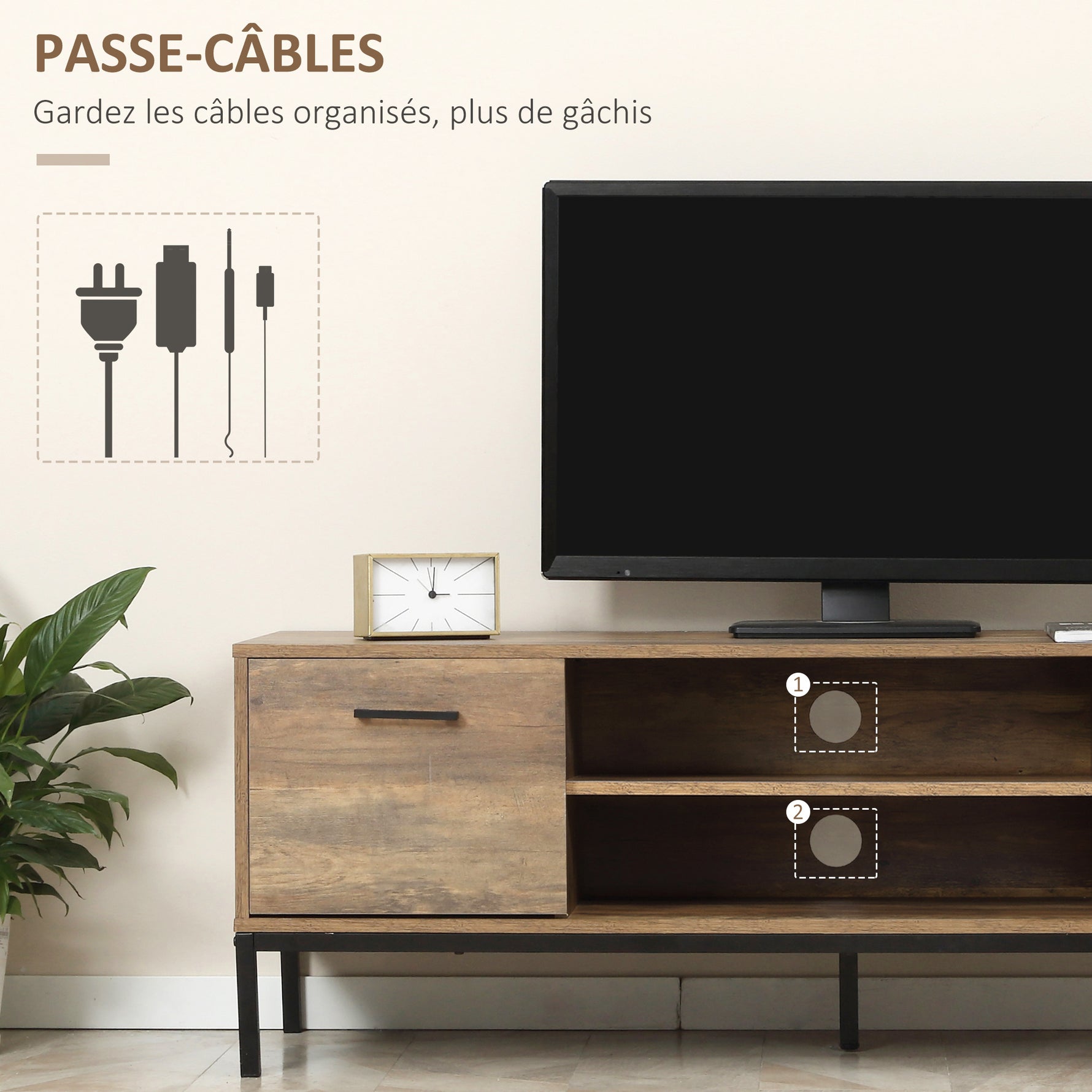 Meuble TV banc TV jusqu'à 50 pouces placard, 2 tiroirs et étagère - 2 passe-câbles - 132 x 39 x 45,5 cm marron noir