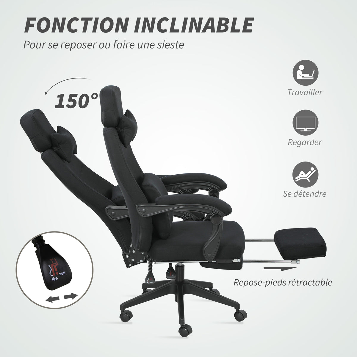 Fauteuil de bureau chaise de bureau grand confort dossier réglable repose-pied roulettes 360° lin 62 x 68 x 127 cm noir