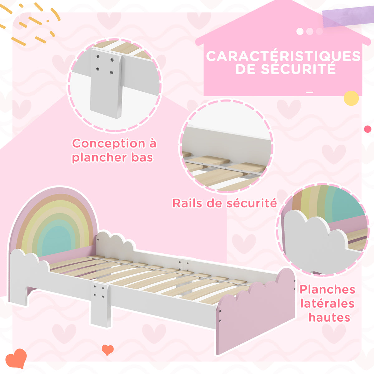 Kinderbett für Kinder von 3 bis 6 Jahren, 143 x 74 x 66 cm, Regenbogen-Design, inklusive Lattenrost, modernes Kinderzimmer, Rosa