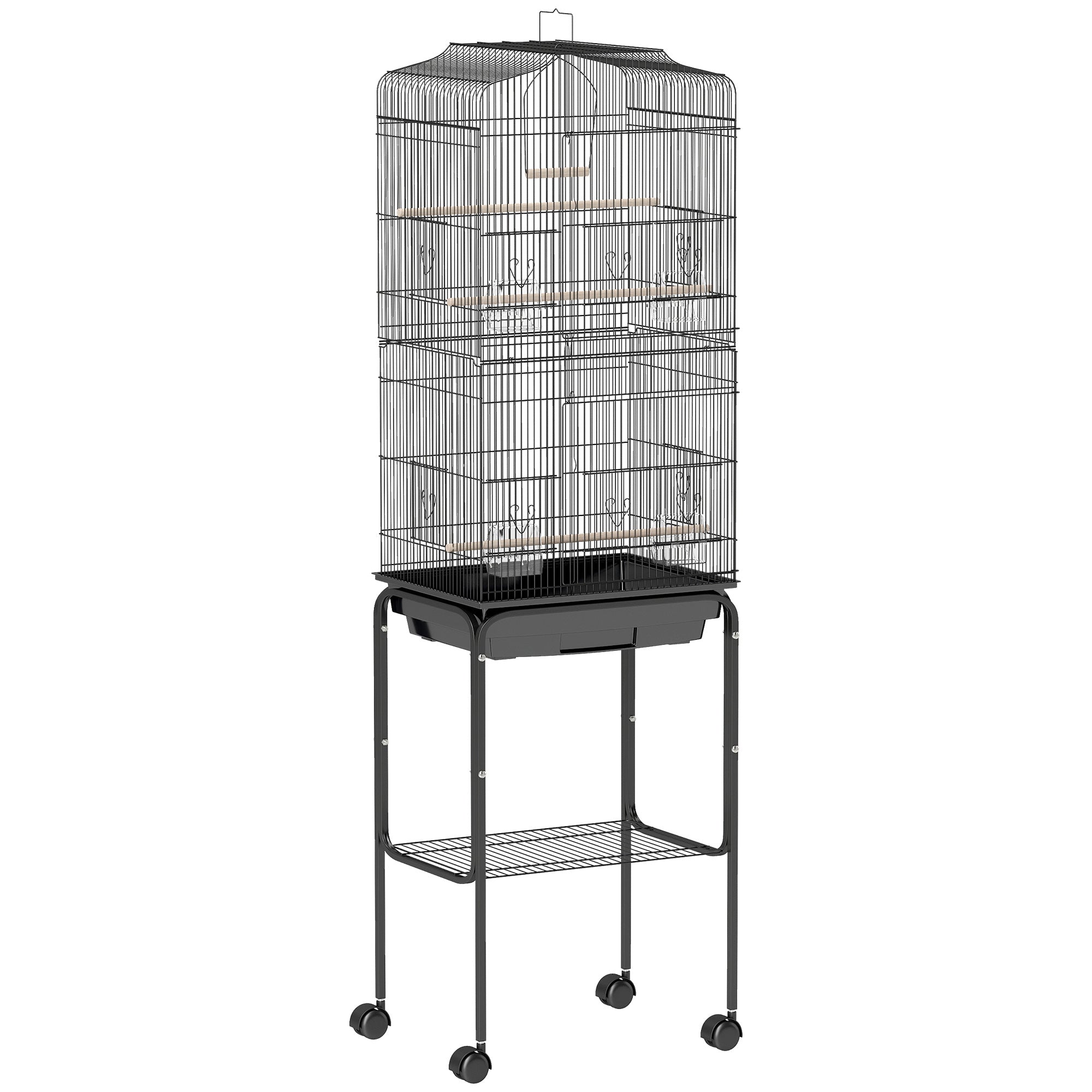 Cage à oiseaux sur pied volière oiseaux sur roulettes toit ouvrant 3 perchoirs étagère inférieure 46,5x36x157cm noir