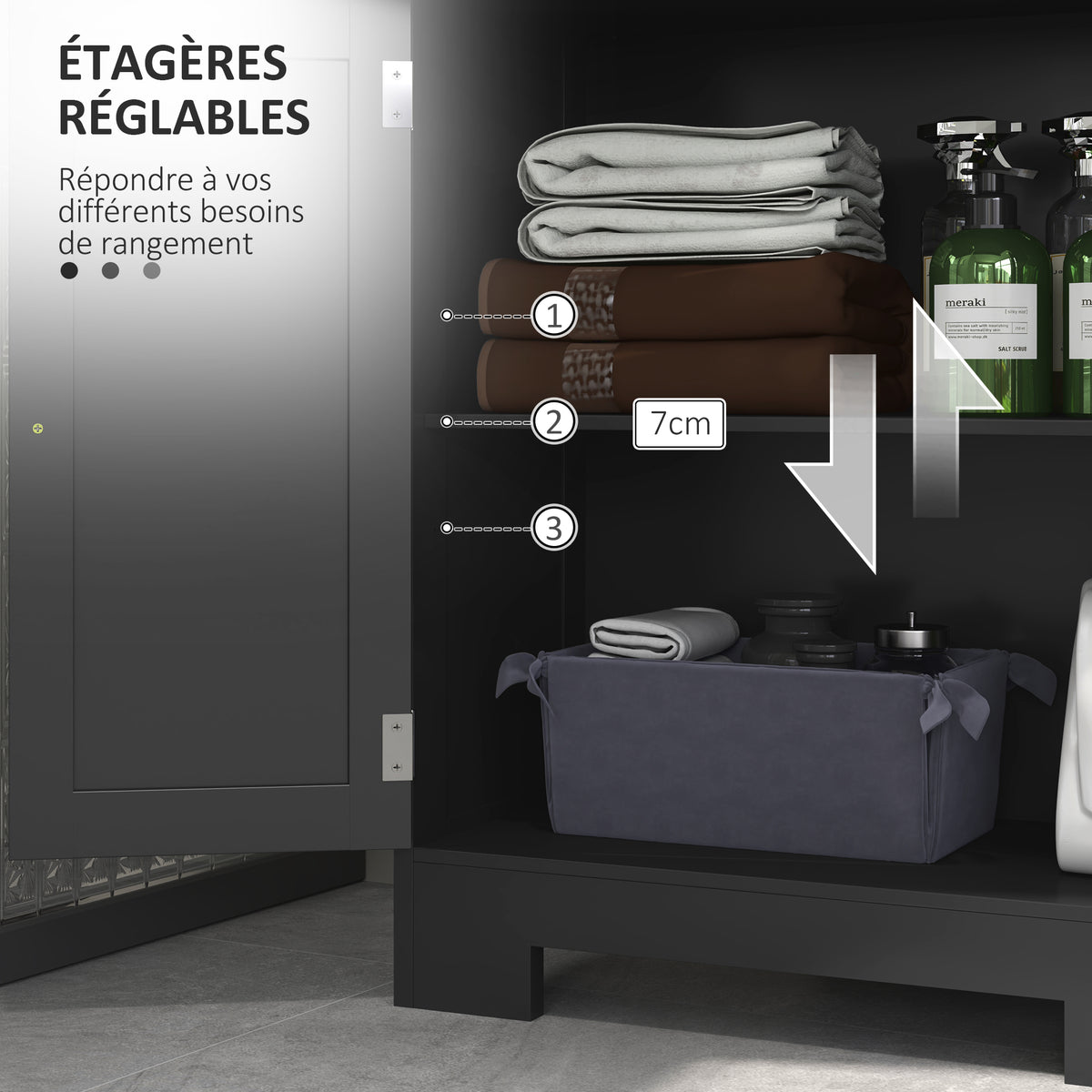 Meuble Bas de Salle de Bain Multi-rangements Grande Niche 2 tiroirs Placard Double Porte avec étagère Noir