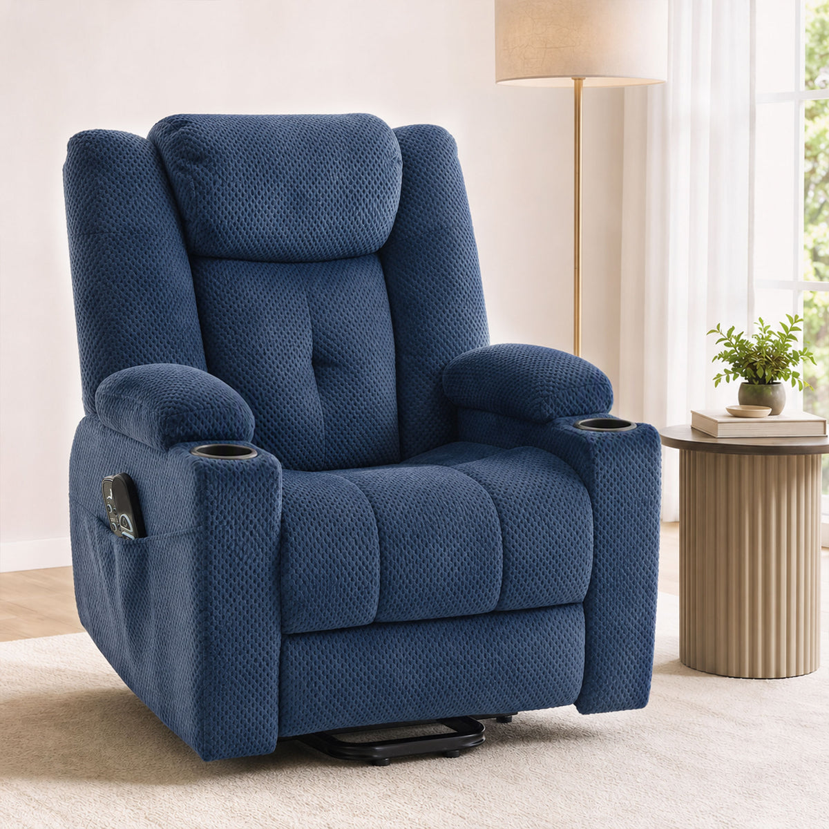Fauteuil Releveur Électrique Massage Vibration et Chaleur, Fauteuil Relax Électrique en Velours, Dossier Inclinable Bleu