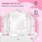 Coiffeuse Enfant avec Tabouret, Miroir triptyque et tiroir Coulissant - Coiffeuse dim. 63L x 40l x 85,5H cm
