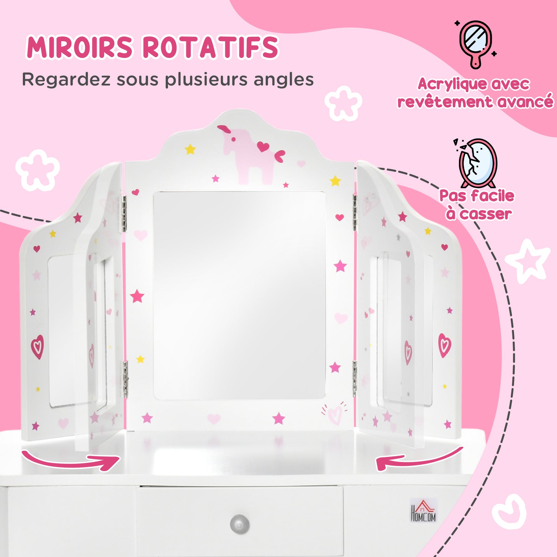 Coiffeuse Enfant avec Tabouret, Miroir triptyque et tiroir Coulissant - Coiffeuse dim. 63L x 40l x 85,5H cm